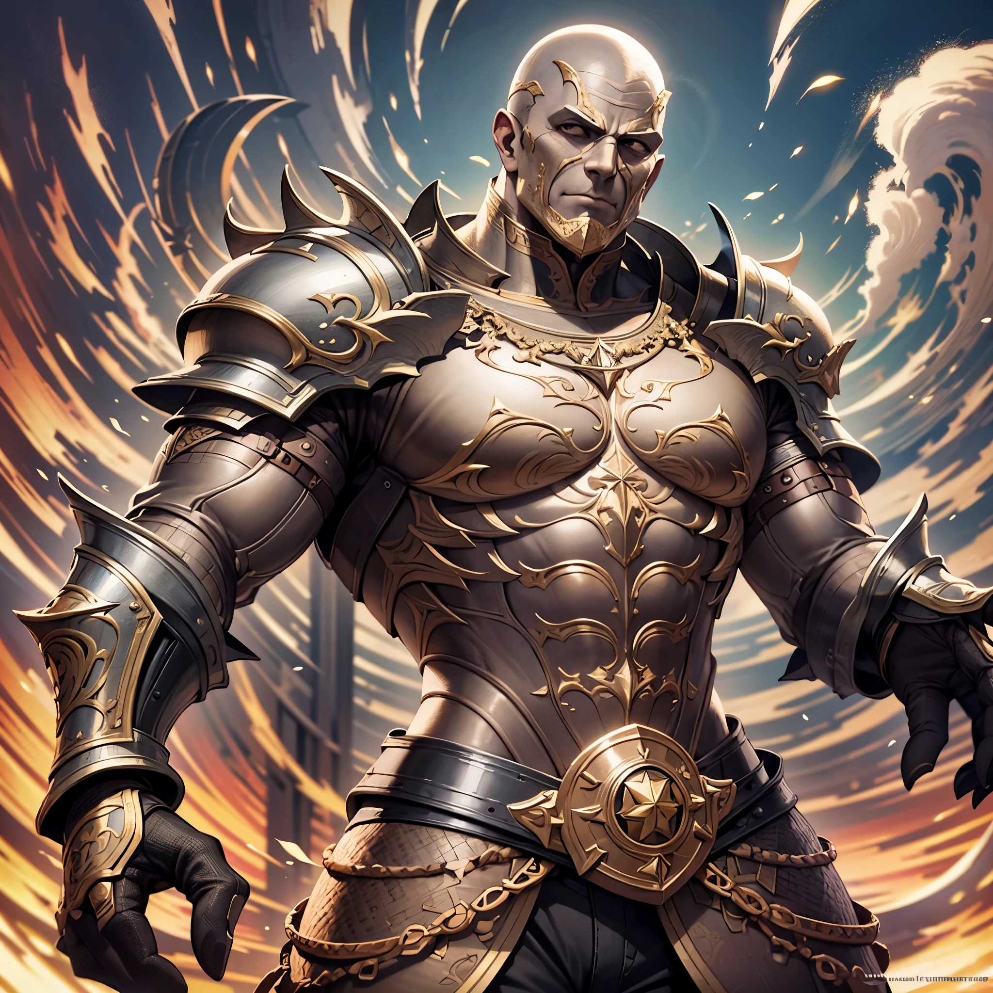 muscular guy in imperial armor, wielding an heavy sword, bald, his hand is corrupted by some unknown creature, black armor, heavy armor, big sword, he is in war, medieval setting