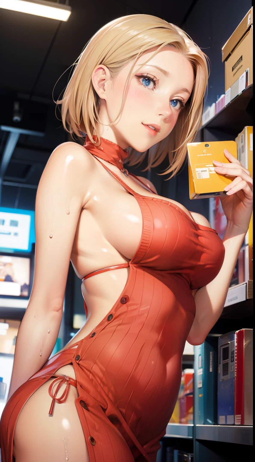 (get used to it, masterpiece, highest quality, Complex),
cinematic lighting、(key light:Front diagonal 45 degrees, fill light、Backlight、Shadow、blue and orange color palette), accurate human body、knowledgeable person、Correct five-finger、cowboy shot, Kyoka Tachibana,
upper body shot, camera angle is low, Depth of the bounds written, Focus on the center, fine eyes, perfect face and eyes big breasts,
1 girl, alone, convenience store店員,convenience store、
cute eyes, beautiful face, perfect round butt, erect nipples,
fit and body, perverted woman,
((long strap name tag、A woman wearing a ribbed sweater dress with an open neckline))
black high-heels, Thighhighs, black_leg wear,
Early 30s, alone, white skin,
blue eyes, ((beautiful mature woman)),
enchanting smile, naughty face, Sweat, vapor, blush, Excited, (spoken heart),
Are standing, Best Sexual Poses, Hands pulling up skirts、
(深夜のconvenience storeで), , summer, indoor, perspective, dark lighting, Shelves full of products, white wall,