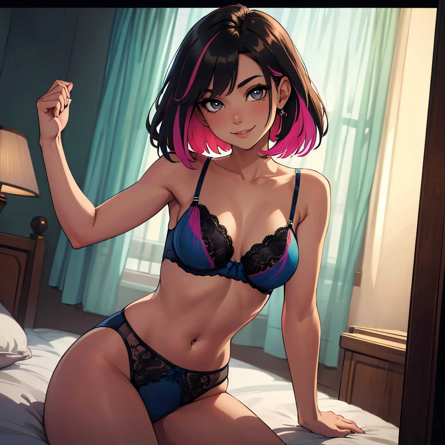 ((mature woman)), solo, on her own, small breasts, relaxed pose, posed seductively, trying to tempt you, yellow bedsheets, nervous smile on her face, looking directly at camera, soft glow lighting, brunette bob hairstyle , Best details, high res, Highest quality, 8k resolution, masterpiece, creative, MILF body (multicoloured lingerie:1.4), (wide angle camera:1.3), (low zoom:1.1), (three quarter body photo:1.35),feet out of shot,