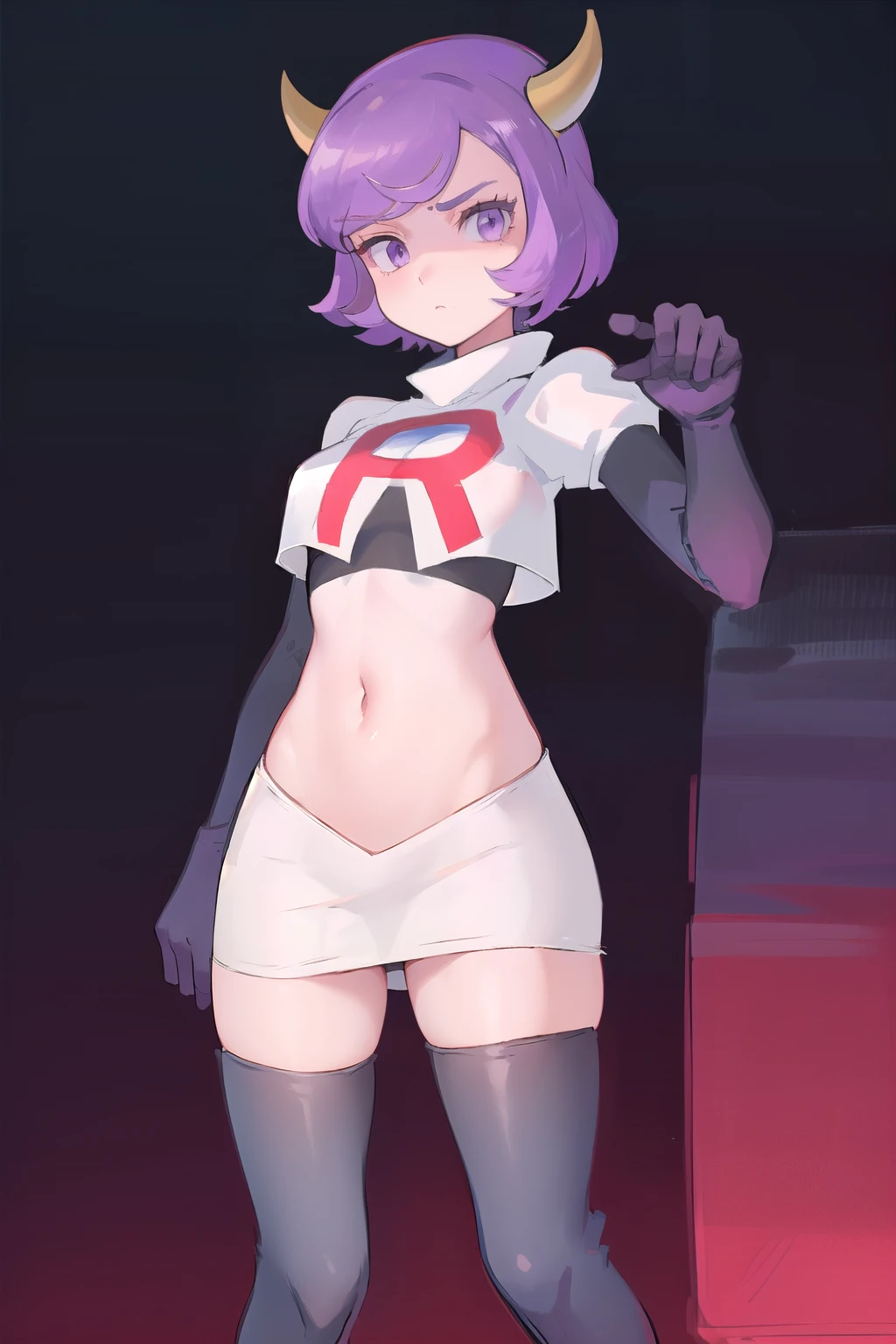 courtney, 1girl, solo, breasts, looking at viewer, short hair, bangs, simple background, white background, purple eyes, purple hair, horns, eyelashes, fake horns, horned headwear, team rocket,team rocket uniform, red letter R, white skirt,white crop top,black thigh-highs,black elbow gloves,