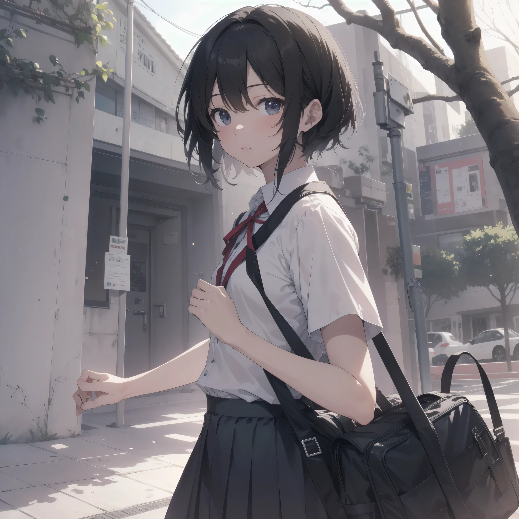Super absurd quality by the god of art, Super detailed, High resolution, anime moe art style, best anime 8K konachan wallpaper, Pixiv contest winners, perfect anatomy, break, (眠そうにalone学校へ行く女の子を描いてください. )break,1 girl, (alone,little woman, cute face, 13 years old:1.3),All limbs, full finger,, The charm of an immature body, (very_short hair), shortcut, Bang, flat chest, small ass, between legs, small black eyes, detailed and beautiful eyes, Well-proportioned iris and pupils, expressive eyes, High resolutionの詳細な髪, neck ribbon, shirt, collared shirt, skirt, pleated skirt, school uniform, (detailed lighting), (detailed background), sunlight, On the way to school. break,super dense skin, Best cinematic lighting powered by famous artist, 8K,Beauty Illustration,photoshop_(Moderate),Absurd Hi-Res,UHD,rough skin,break,((artist:Fujiyama)), artist:Fujichoko,artist:Yamamoto_Soichiro,artist:hanekoto