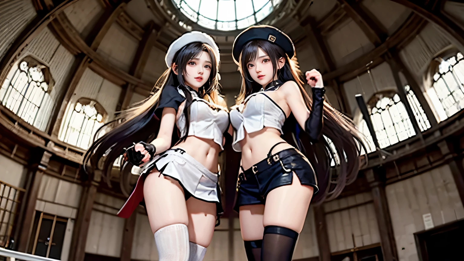 (very delicate and beautiful:1.2)super model,perfect shape,Two girls kicking at the screen,2girl,,Thighhighs,beautiful feet,beret,gentle expression,Seen by girls from below,Innocent face,mini skirt,big breasts,Girls doing roundhouse kicks from the left and right of the screen,voluptuous,bike shorts,atelier,givenchy