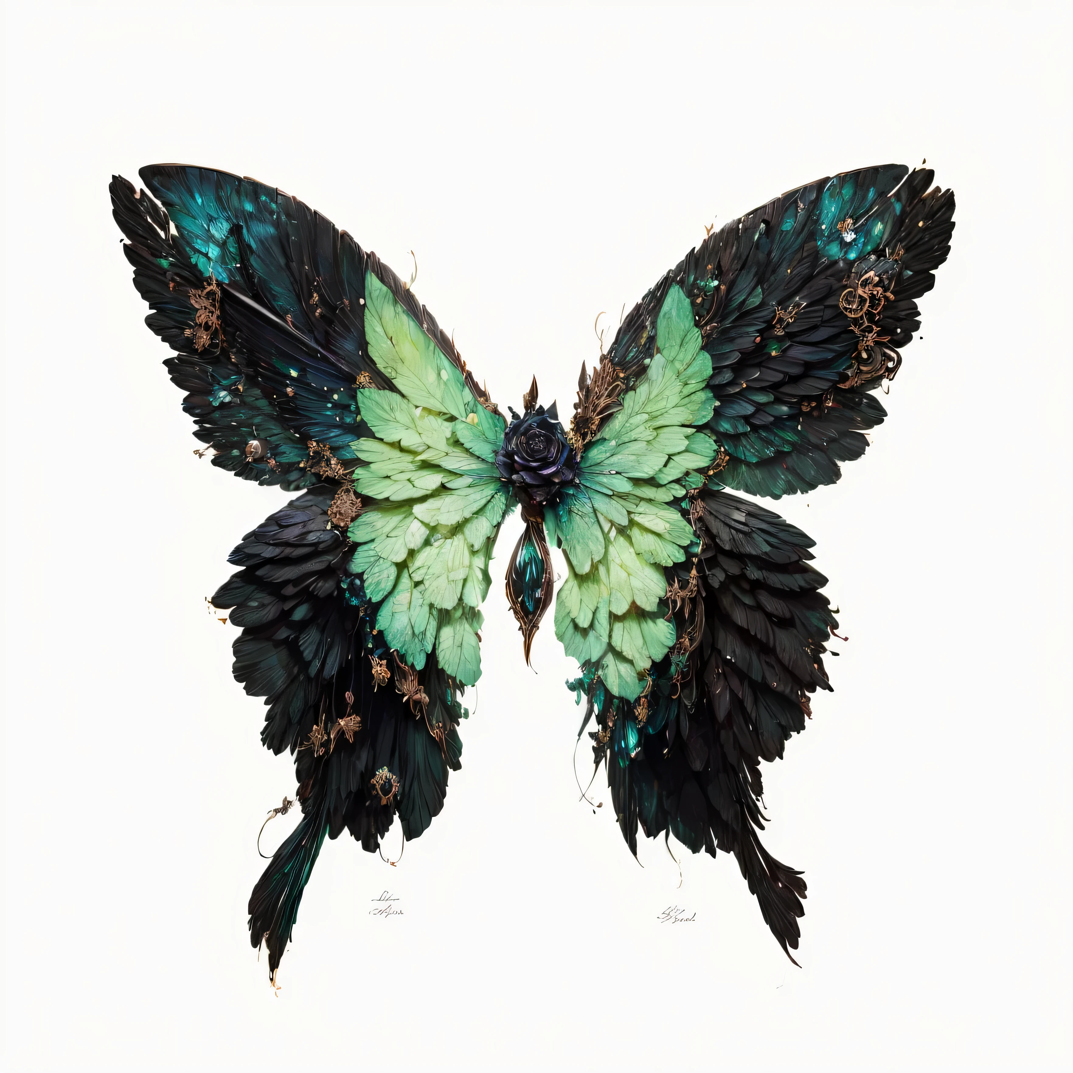 (black Rose,magic elements,Wings surrounded by black halo,There are dark beams around,rose pattern on wings) ,(best quality,Super detailed,actual:1.37),(illustration,gothic style), (dark palette), (soft diffused light)
