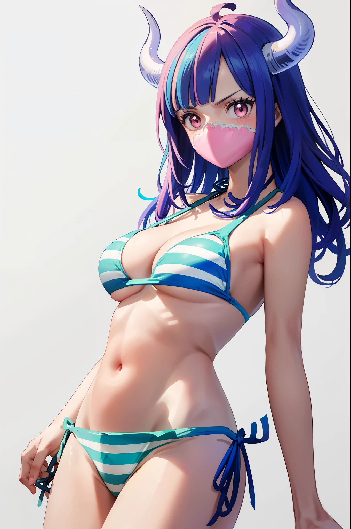 HDR, RAW image, high quality,(masterpiece, 最high quality:1.4), cinematic light, colorful, high contrast, (1 girl), UltiOP, One Piece Anime
((big breasts)), striped hair, colorful hair, long hair, (blue hair:1.3, pink hair:1.3), bangs, (Horn:1.1), (pink eyes:1.3), dynamic pose, free pose, stand, extreme cowboy shot, smile, blush
(blue and white bikini:1.5), (swimsuit:1.3), (striped bikini:1.3), (simple white background:1.3)