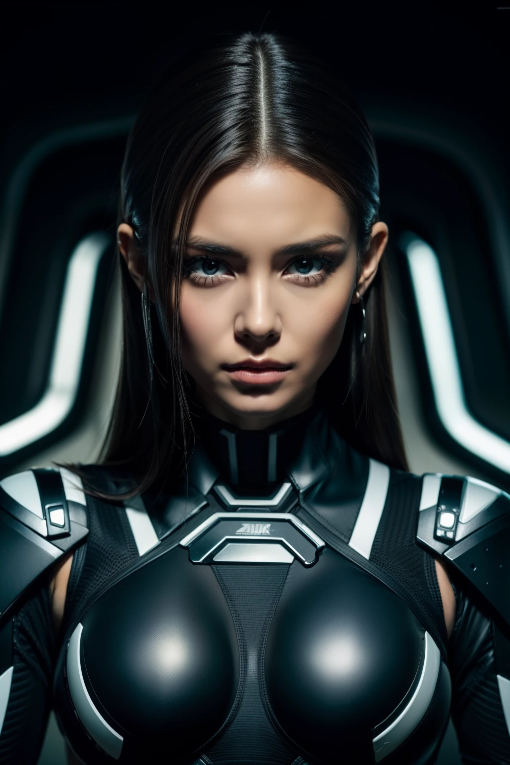 (cybersoldier style aesthetic), bust to waist, (half body), (beauty shape), perfect skin, hyperrealistic masterpiece, in extremely complex & superdetailed black and white plugsuit, cinematic illumination, 8k, symmetrical eyes, realistic, sharp focus, HD, highly detailed, intricate, photography, studio portrait, detailed, dramatic lighting, happy:1,2