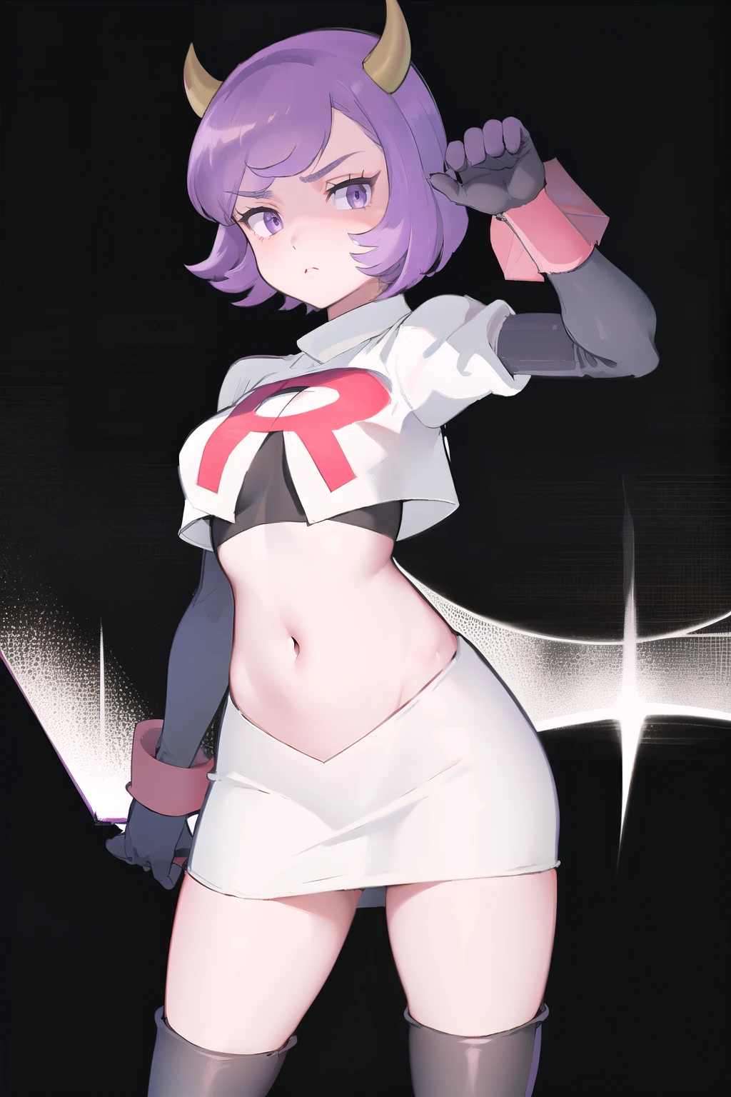 courtney, 1girl, solo, breasts, looking at viewer, short hair, bangs, simple background, white background, purple eyes, purple hair, horns, eyelashes, fake horns, horned headwear, team rocket,team rocket uniform, red letter R, white skirt,white crop top,black thigh-highs,black elbow gloves,