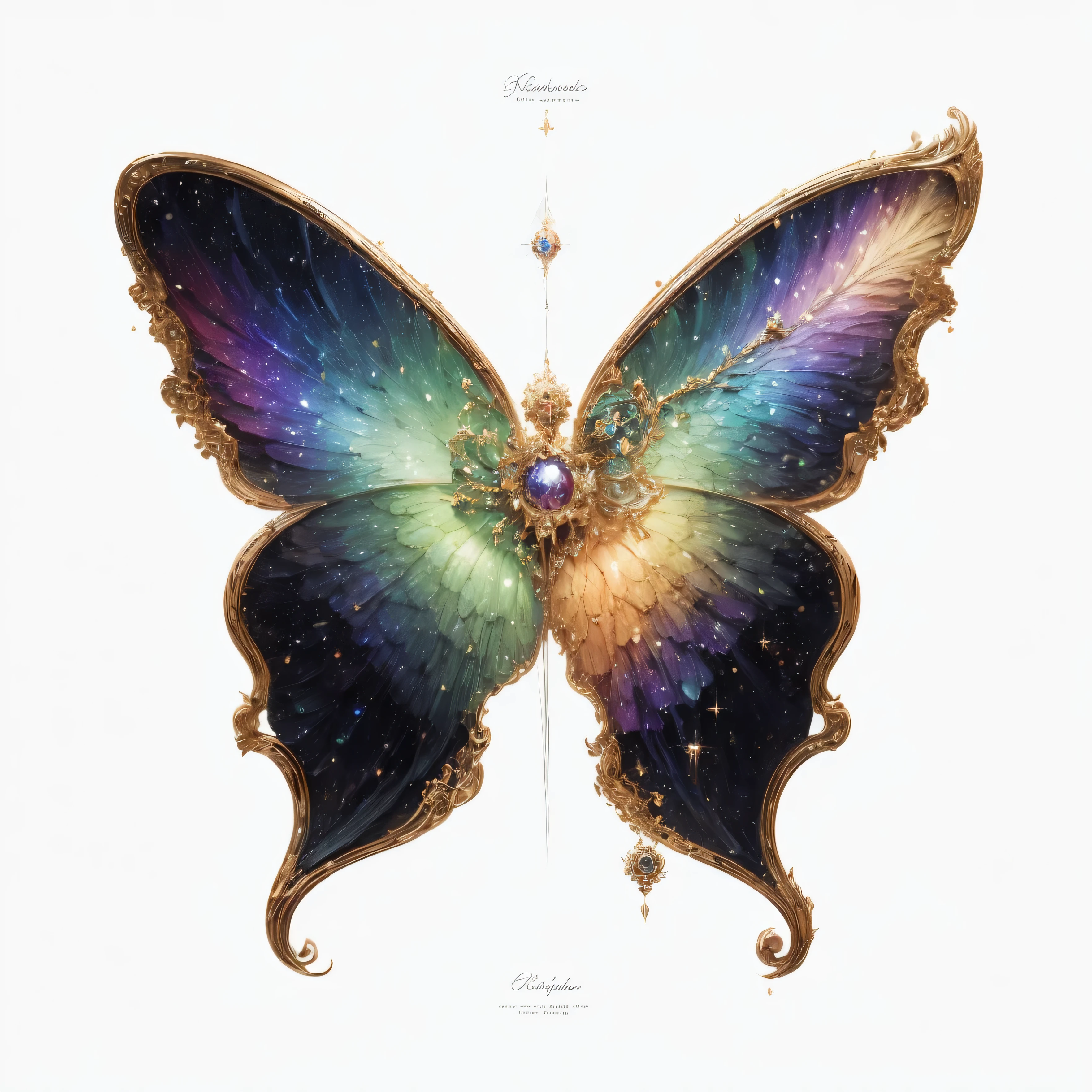 space element,galactic elements,There is a row of seven stars on the wings.,Wings wrapped in rainbow light,Surrounded by colorful lights