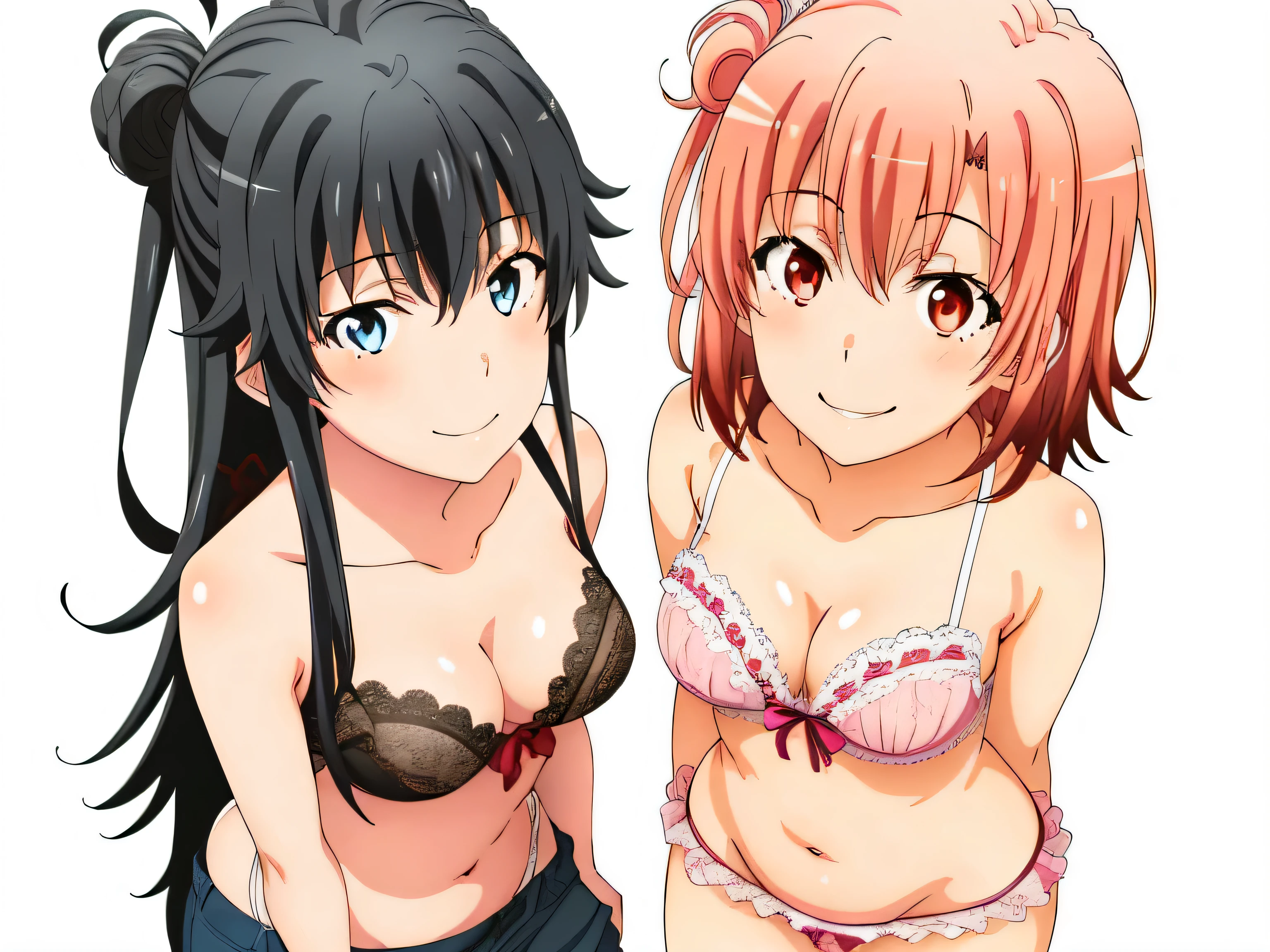 ((2 girls:1.0)), (Yuigahama Yui shapely breasts),(Yukinoshita Yukino),Waltz dance no background,In underwear,red ribbon on pants,pink silk lace panties,pink silk panties,belly button,thighs,knees,calf,front,looking at camera,(high angle),open your mouth,smile,Panoramic view of the head,beautiful eyes