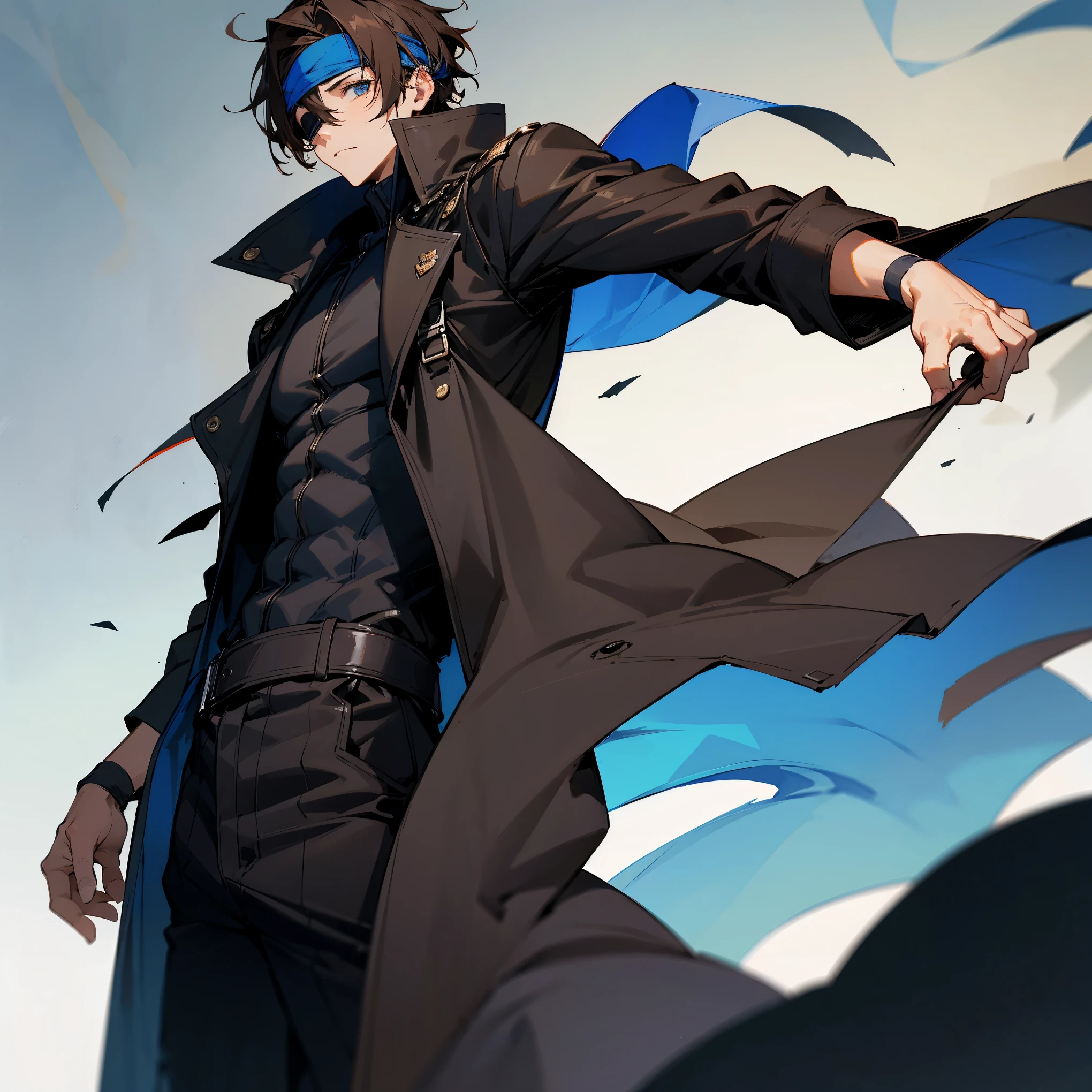 1male , Dark Brown Hair , Black Baseball Cap , Blue Jumpsuit , Black Trenchcoat , Eyepatch Headband , Messy Brown Hair , Blue Eyes , Facing Viewer , Lean Muscular Build , Standing in military base