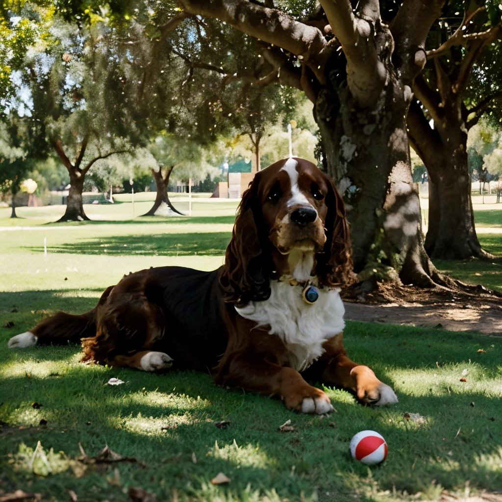 Un cocker spaniel acostado juega con una pelota de goma, en el parque, On a sunny day, under the shade of a big tree. There is good lighting and the sky is clear