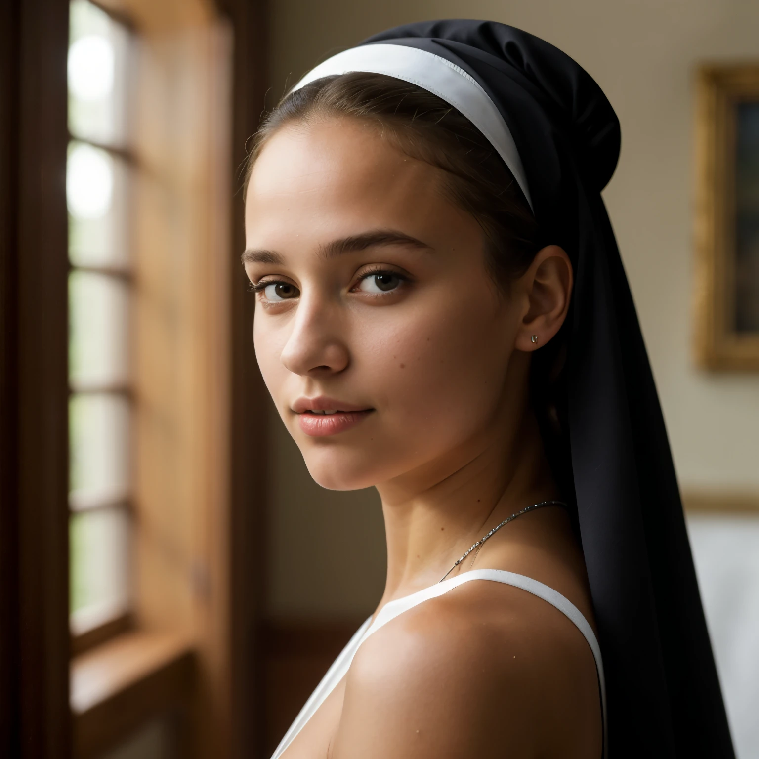 (best quality:10k, high res, masterpiece:1.2), ultra-detailed, (photo-realistic:1.37), ((best quality)), ((masterpiece)), (detailed), ((NSFW)), Alicia Vikander as a sexy young nun in a black habit and full-headcover wimple, ((hair tied back under the wimple)), small silver crucifix around her neck, ((Full-length whole body)), sweet smile, natural lighting and skin tones,