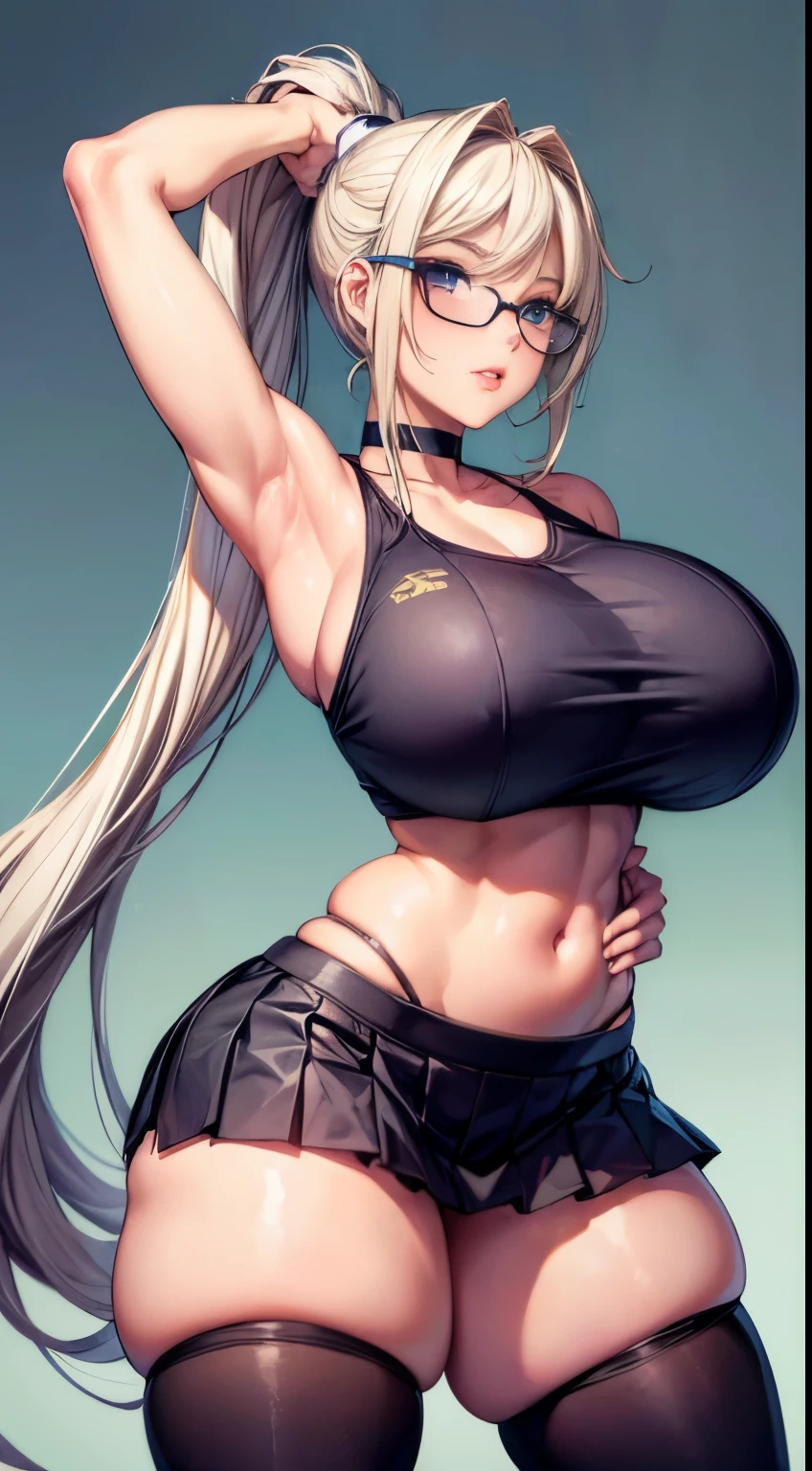 bmb-fc, sunny, bodycon dress, 1girl, face, woman , (masterpiece, best quality), 1girl, 18 years old, ((hands on thighs pose)), show armpit, platinum blonde hair, ((high and long ponytail hair)), plump lips, puffy lips, bimbo lips, huge breast, hourglass figure, embarassed face, (((exposed navel))), glasses, hot gym outfit, tight white belt top, stripper pleated microskirt, choker, gym, thighhighs,