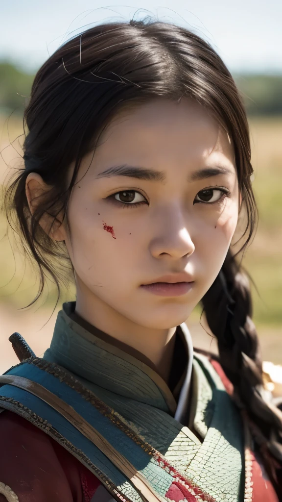 A 15 years old girl, fighting in a battlefield, shogunate era, fighting with sword, face stained with blood and dirt, fighting rigorously yet elegant, wearing torned traditional japanese armor covered in dirt, intense fighting, beautiful face, radiant white skin, Ultra high res, uhd, (photorealistic:1.4), cowboy shot,