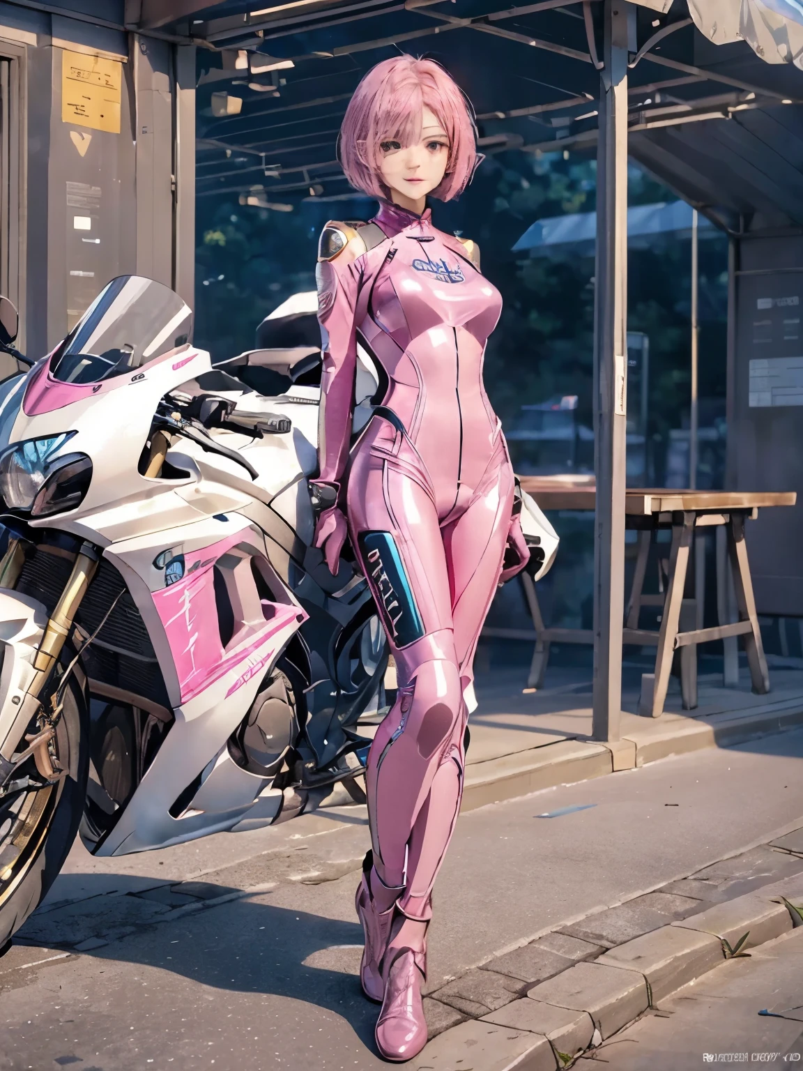  (realistic:1.5), 8K, Super delicate beauty, 1 girl, intricate bike details, (short: 1.3), (highest quality: 1.0), (Super high sharpness: 1.0),（Beautiful and delicate depiction of eyes）,unreal engine:1.4, photorealistic:1.4, skin texture:1.4, masterpiece:1.8,highest quality、smile、long limbs、((full body shot))、(((Stand next to a precision motorcycle)))、(((Metallic pink racing suit and long pants)))、(((short hair)))