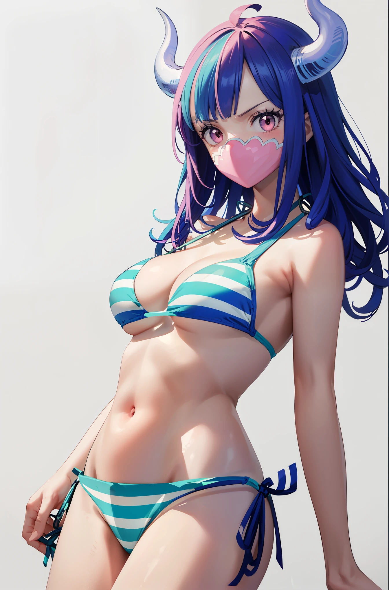 HDR, RAW image, high quality,(masterpiece, 最high quality:1.4), cinematic light, colorful, high contrast, (1 girl), UltiOP, One Piece Anime

((big breasts)), striped hair, colorful hair, long hair, (blue hair:1.3, pink hair:1.3), bangs, (Horn:1.1), (pink eyes:1.3), dynamic pose, free pose, stand, extreme cowboy shot, smile, blush

(blue and white bikini:1.5), (swimsuit:1.3), (striped bikini:1.3), (simple white background:1.3)