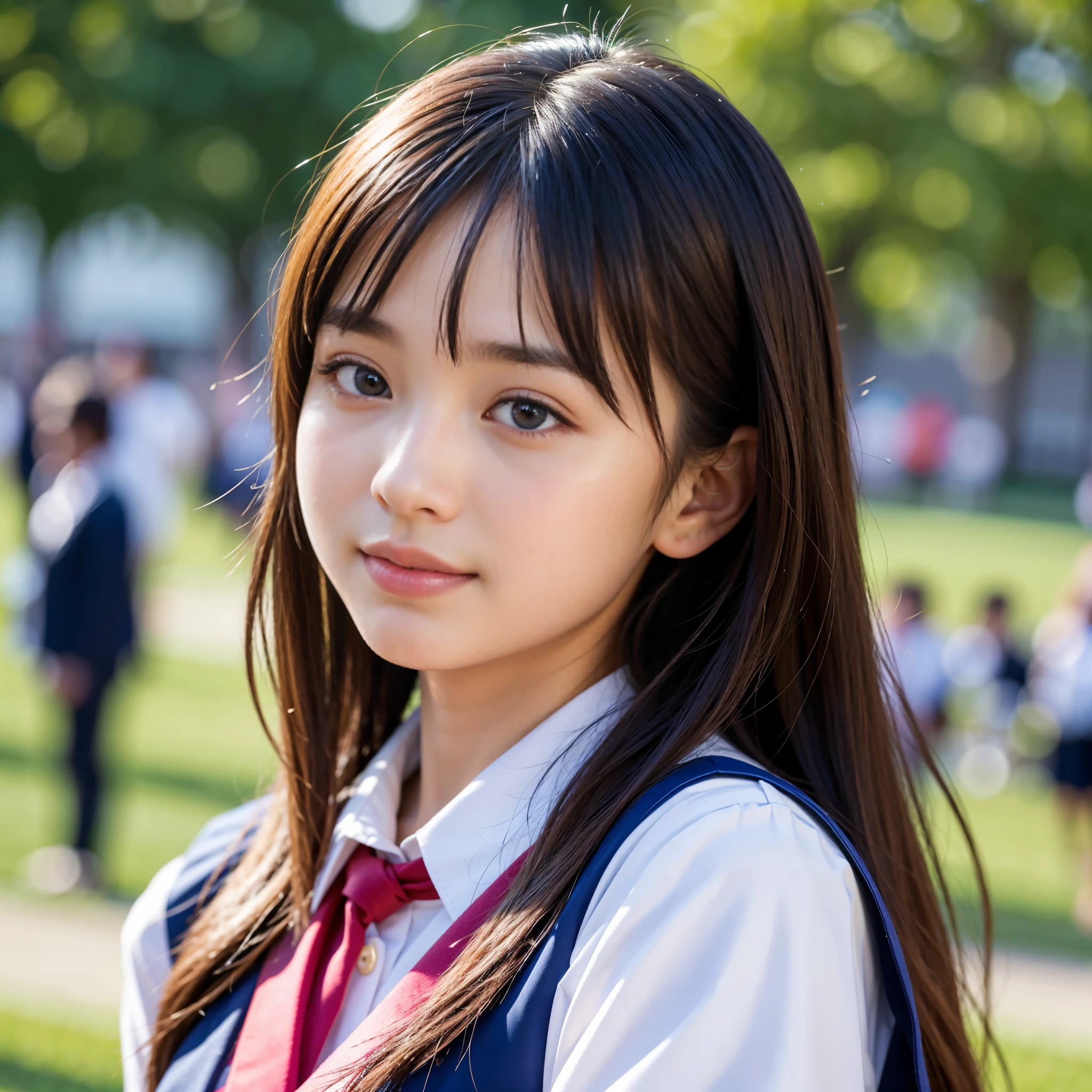 Best-quality, Masterpiece, Ultra-High-Resolution, (Photorealistic:1.4), Raw-Photo, 1girl, the most famous Japanese idol, enjoy Japanese-high-school-Graduation-ceremony, wearing Japanese-high-school-uniform, extremely cute face, extremely beautiful big-eyes, extremely beautiful hair, extremely beautiful skins, extremely beautiful long-eyelashes, extremely beautiful lips, looking at viewer