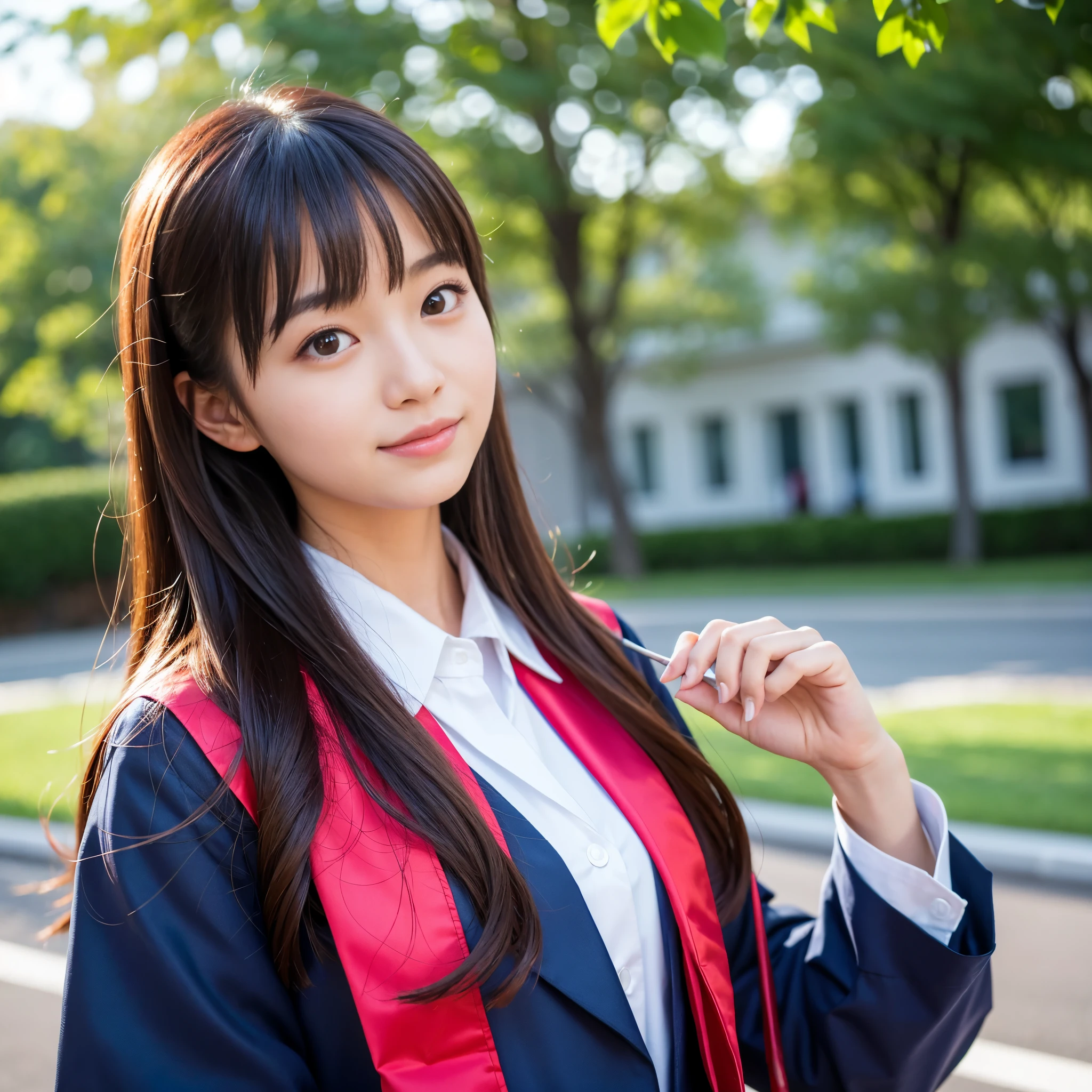 Best-quality, Masterpiece, Ultra-High-Resolution, (Photorealistic:1.4), Raw-Photo, 1girl, the most famous Japanese idol, enjoy Japanese-high-school-Graduation-ceremony, wearing Japanese-high-school-uniform, extremely cute face, extremely beautiful big-eyes, extremely beautiful hair, extremely beautiful skins, extremely beautiful long-eyelashes, extremely beautiful lips, looking at viewer