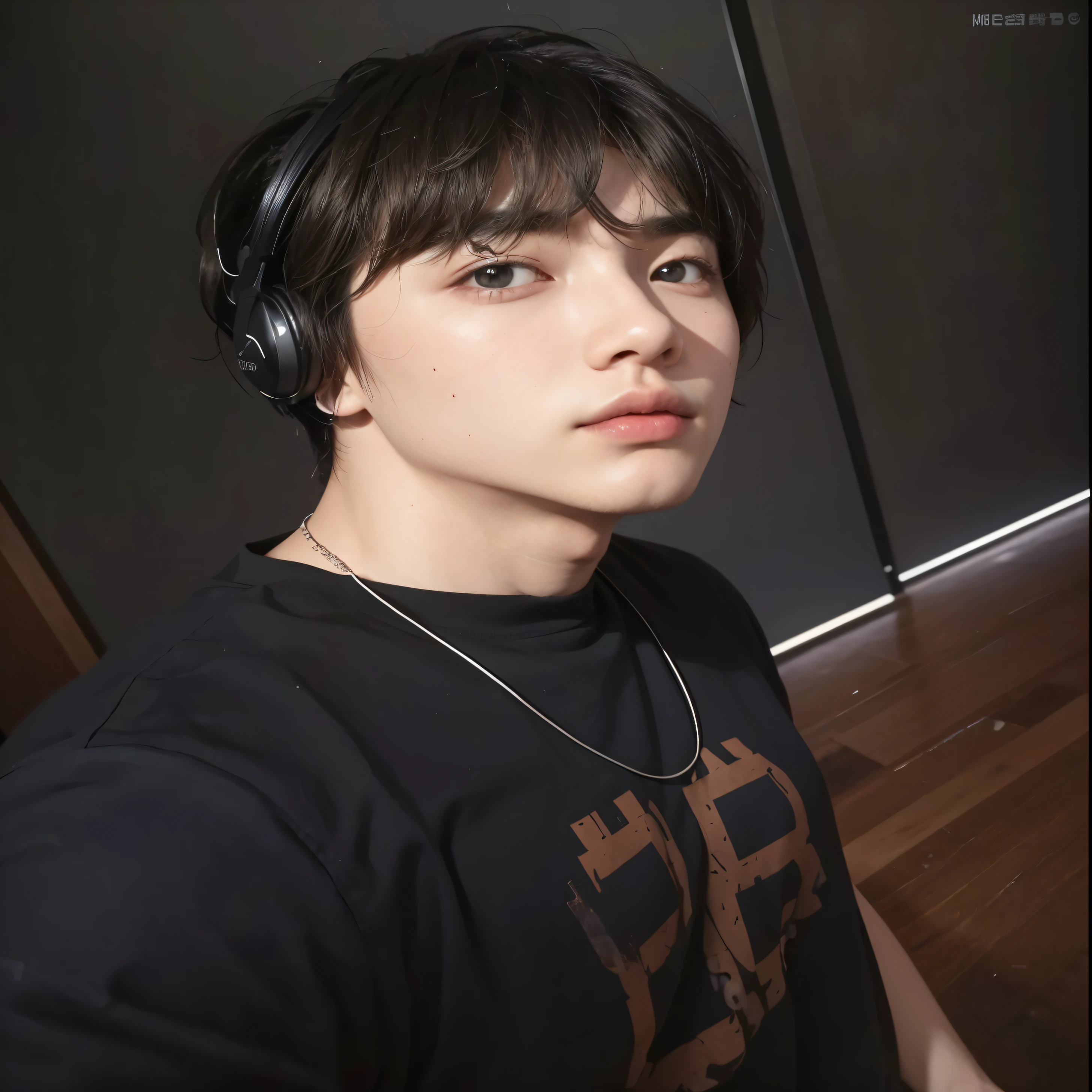 un primer plano de una persona con auriculares y una camisa negra, Jung Jaehyun, hyung tae, Hong June Hyung, ulzzang inteligente, jinyoung shin, xqc, kim taejin, 8k selfie photography, pale korean adorable face, foto de perfil en la cabeza, Won Bin Lee, kim doyoung, cara perfecta y chico, con auriculares, hyung tae kim