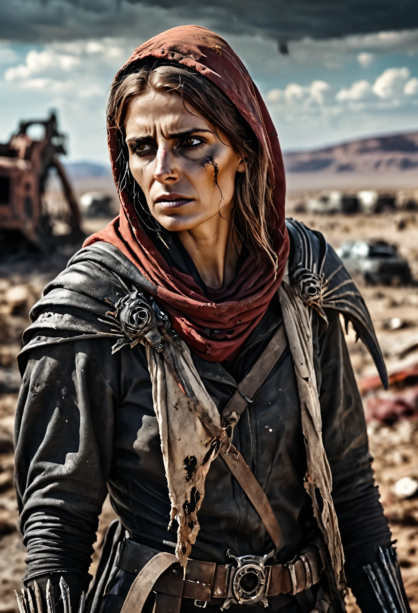 (Realistic:1.4), analog photo style, depth of  field,  Vivid colors, fragile, vulnerable, female reaper, sad, worried expression, looking away, professional photoset in post-apocalyptic style, insanely detailed, intricate wasteland  landscape background,  (((masterpiece))), top quality, 8K, ultra high resolution, high contrast, low saturation