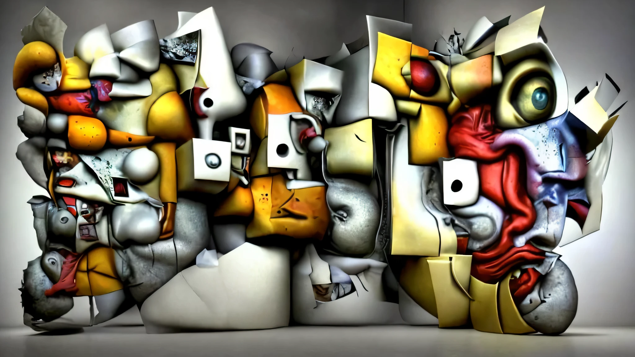 Hyper-realistic amalgam of images from great modern painters with other surreal torn images, parts of bodies are replaced by cubist art effects, all the sensitive parts of the bodies are blurred by the movement, Da Da style, Bauhaus style Super-detailed, Studio Quality, 48k / HD, Normal Contrast, hyper Realistic Shadows, octane Rendering, Sharp Focus