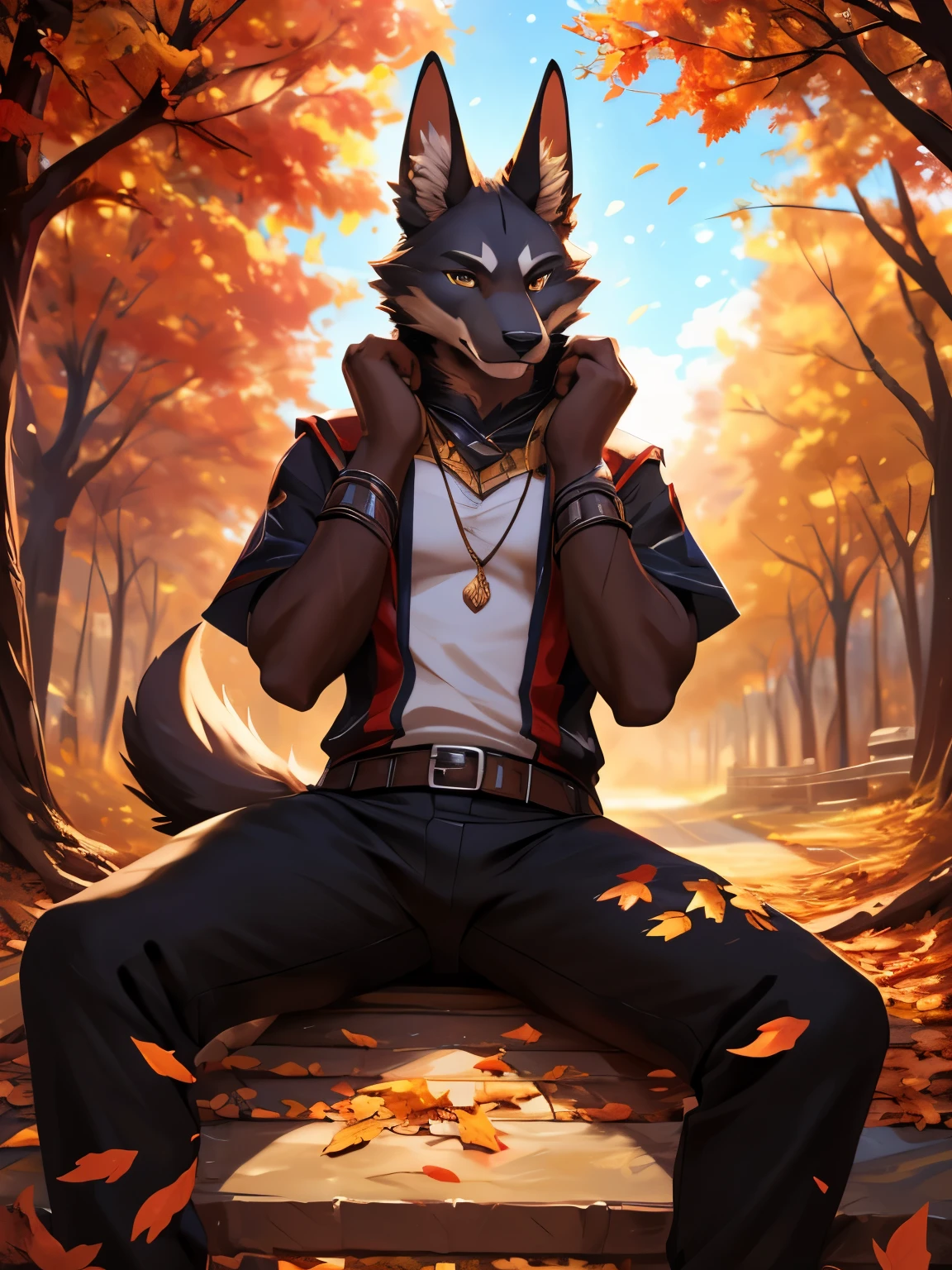 (posted on e621 by Chunie art style) furry , male, Anubis anthro, Solo, (Realistic eye details 1.2), painting of a man sitting under a tree in the fall, wearing a white t-shirt, black shorts, autumn season, commission for high res, anthro art, fall season, detailed fanart, furry art, full art, pixiv contest winner, commission for, furry art!!!, very very beautiful furry art, furry fantasy art, autumn, commission, covered in fallen leaves, by Shingei, high quality fanart, slim body, full body like, in a panoramic view, masterpiece, Abstract beauty, ultra detailed face, depth of field, motion blur, high details, high quality, award winning, HD, 16k, (best quality,4k,8k,highres,masterpiece:1.2),ultra-detailed,realistic:1.37,HDR,UHD,studio lighting,extreme detail description,professional,vivid colors,bokeh,lively atmosphere, natural lighting