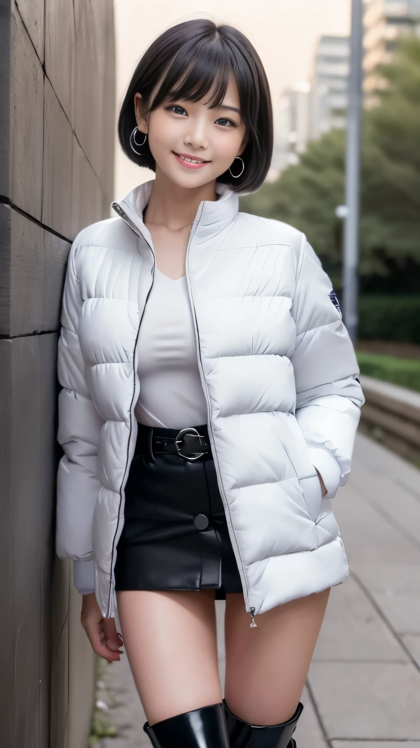 Masterpiece, Best-quality, RAW-photo, Ultra-High-Resolution, Photorealistic, bust up shot,
(Anatomically correct, -yeld, phgrapher's lover, She truly loves photographer, baby face,e, Perfect body, slim waist and busty body, Slender legs, Large breast, Realistic skin),
((teat, Wear White down jacket, black miniskirt, platform boots:1.3)),
(maiko, Round face, Black hair, Moist eyes, Shining eyes, Short bob cut, Bangs, Down-slating eyebrows, one little earring, Light blush),
(See photographer, put your back against the wall),
(goddess smile, facial expressions that seduce men),
(Okubo park, Buildings lined up, guardrails, people coming and going, at night),
Natural lighting, full length