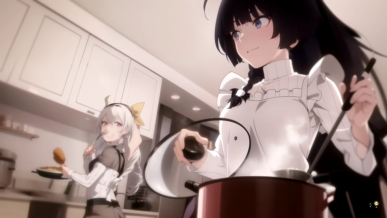 Black-haired and white-haired anime characters in the kitchen with frying pan and kettle., Today's featured anime is still there., Screenshots from anime movies, Still from the anime, Still from the TV anime, Anime maid riding a tank in the first era, Plow collection style, 2 0 1 9 Anime screenshots, Screenshot from the anime guro, cooking, Anime girl in an apron
