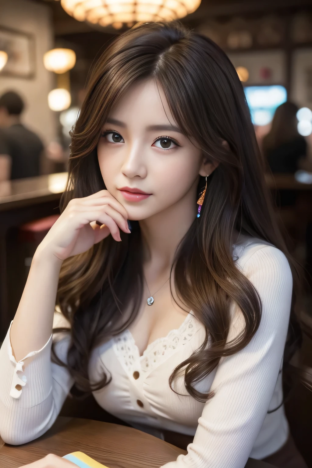 Woman sitting at table drinking wine, Detail view, CG Association, 複雑な長いcurly hair, cinematic | | very anime, discord pfp,Asian characteristics, very beautiful model, (comfortable:1.2), It was a joke, Rich Red, factory, bar counter,(fashion realistic),shine in your eyes,(lean on the table),(outside),(outdoor bar),(a large amount of hair),(wavy hair),(curly hair),(Eyes with complex colors:1.1),((Densely painted eyes)),Super detailedな, table top, detailed eye, big bright eyes step piece:1.2), highest quality, (Super detailed),Shine focused on the eyes:1.2), (cinematic background), hyper detail,(delicate), (intricate details), octane rendering, nffsw, (hyper detail:1.15), (((colorful))),(soft light:1.2
