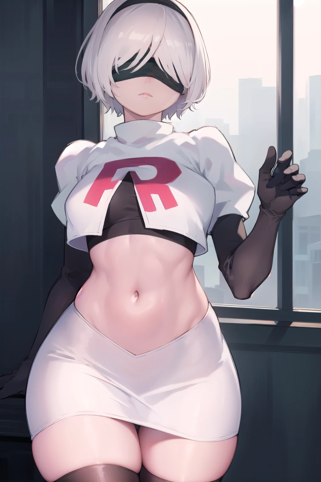 2b, 2b, (black blindfold:1.5), black hairband, blindfold, hairband, short hair, white hair,
BREAK hairband, robot, team rocket,team rocket uniform, red letter R, white skirt,white crop top,black thigh-highs,black elbow gloves,
BREAK looking at viewer,
BREAK (masterpiece:1.2), best quality, high resolution, unity 8k wallpaper, (illustration:0.8), (beautiful detailed eyes:1.6), extremely detailed face, perfect lighting, extremely detailed CG, (perfect hands, perfect anatomy),