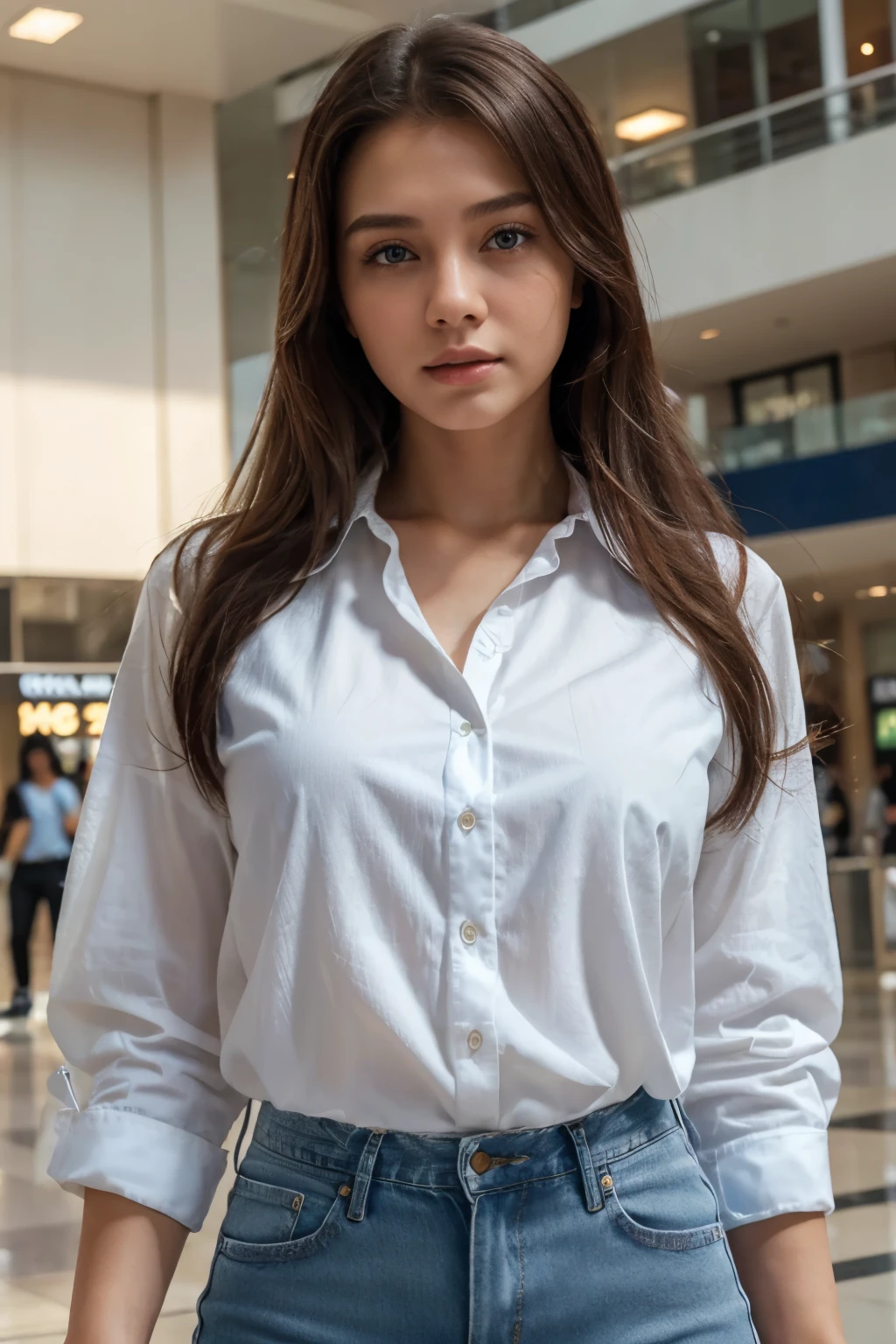 extremely high quality, realismo, young girl white long sleave shirt blue jeans at a mall in Malaysia hyper-detailed hyper-realistic hyper-detailed hands 8k raw photo blur background