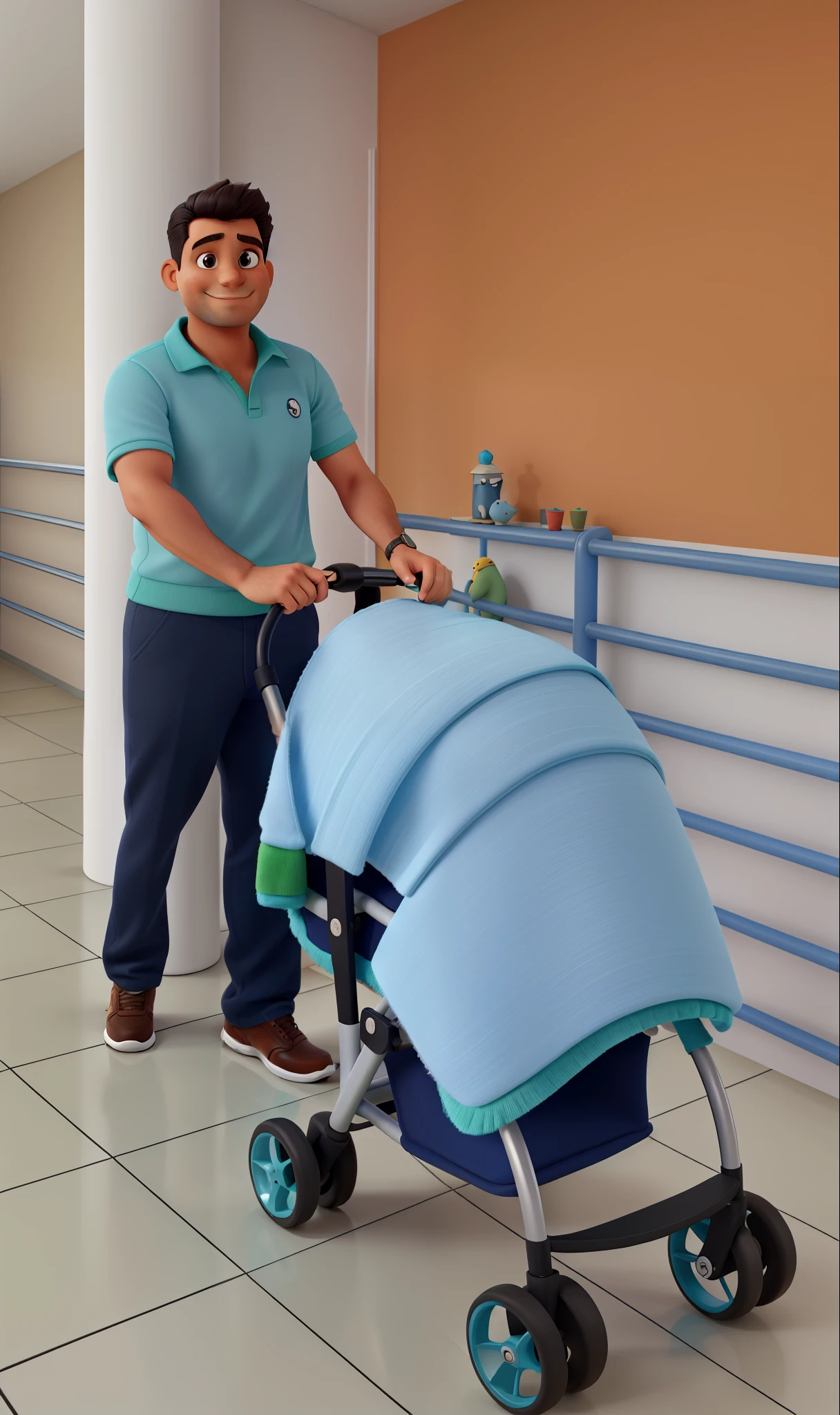 4k image with a background inside a building of a man about 35 years old, piel color canela, cabello negro corto, mirando a la camara feliz, con polera color plomo, buso y zapatillas azul marino, paseando carrito de bebe, color azul marino con verde esmeralda, cubierto con mantillo color celeste