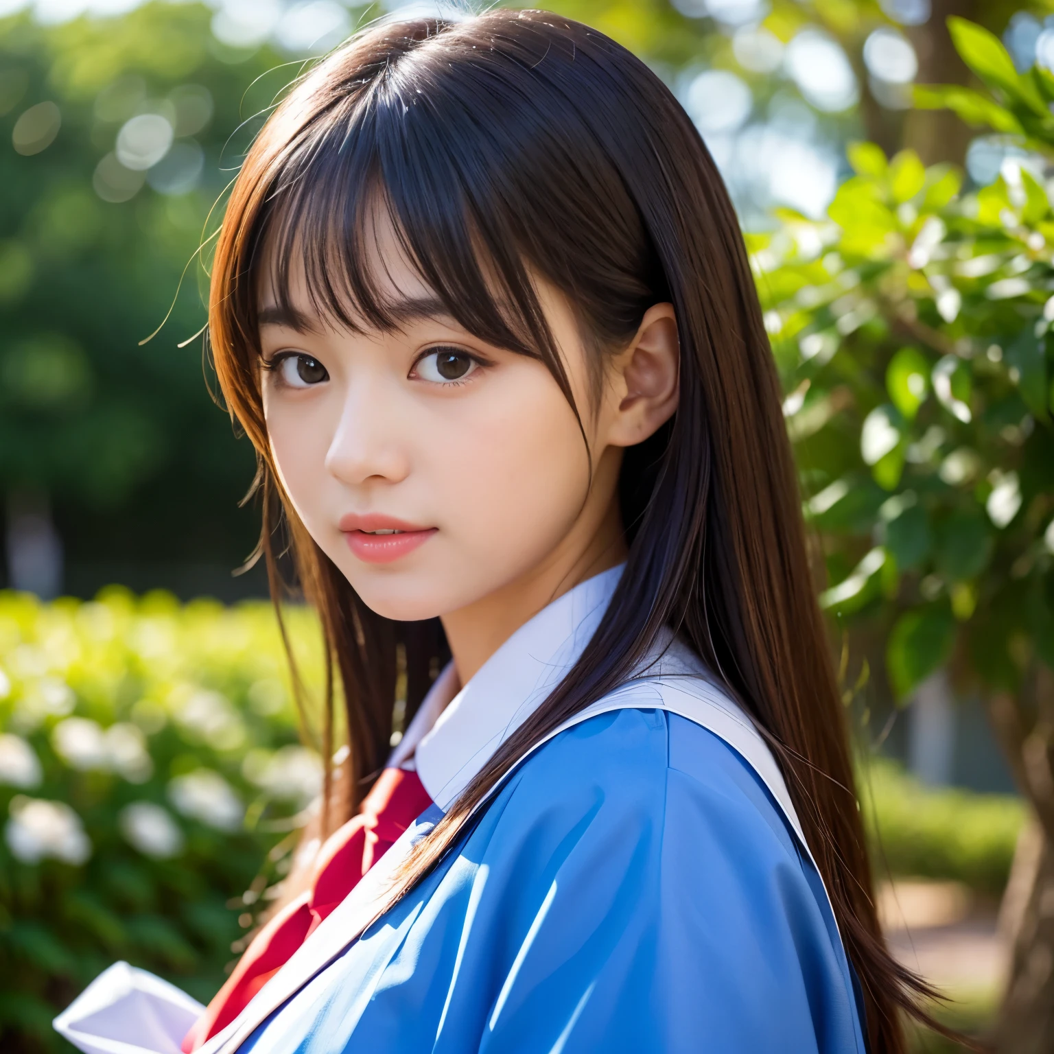 Best-quality, Masterpiece, Ultra-High-Resolution, (Photorealistic:1.4), Raw-Photo, 1girl, the most famous Japanese idol, enjoy Japanese-high-school-Graduation-ceremony, wearing Japanese-high-school-uniform, extremely cute face like the most popular Japanese idol, extremely beautiful big-eyes, extremely beautiful hair, extremely beautiful skins, extremely beautiful long-eyelashes, extremely beautiful lips, looking at viewer