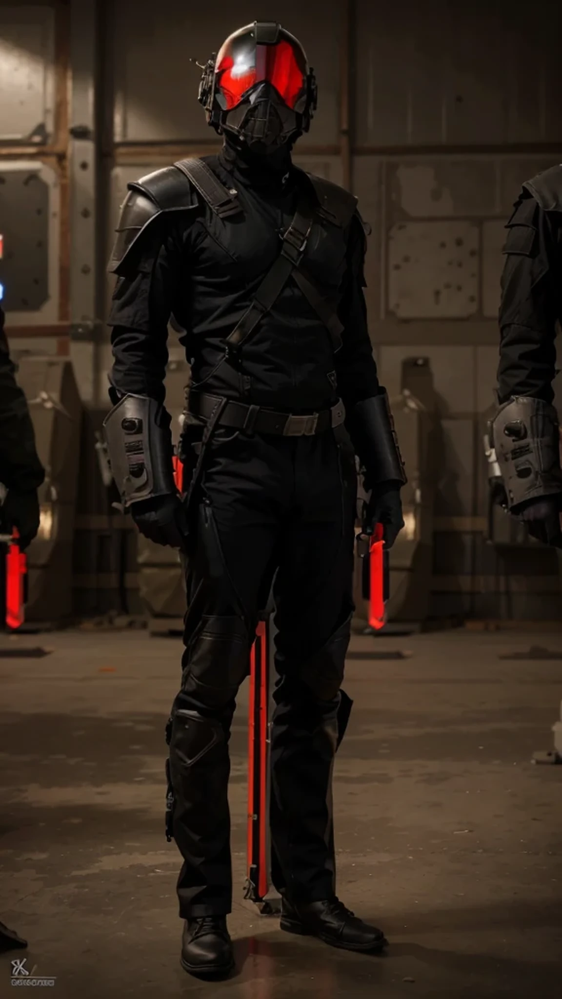 male soldier, ultra modern cybernetic heavy armor in black color with red color details, helmet is a red glass dome, metal shoulder pads, metal wrist, holds a laser gun, he is inside a military hangar with military planes black color, red stained glass, symbol of the tail of a scorpion, image in red tones, 4k, ultra detailed image, realistic, very detailed, perfect composition, splendid, intricately detailed, incredibly detailed, art photography 8k, hyper detailed, Masterpiece, ultra detailed , hyper realistic, 4k , ultra detailed image, realistic, highly detailed, perfect composition, splendid, intricately detailed, incredibly detailed, Artistic photography in 8k, hyper detailed