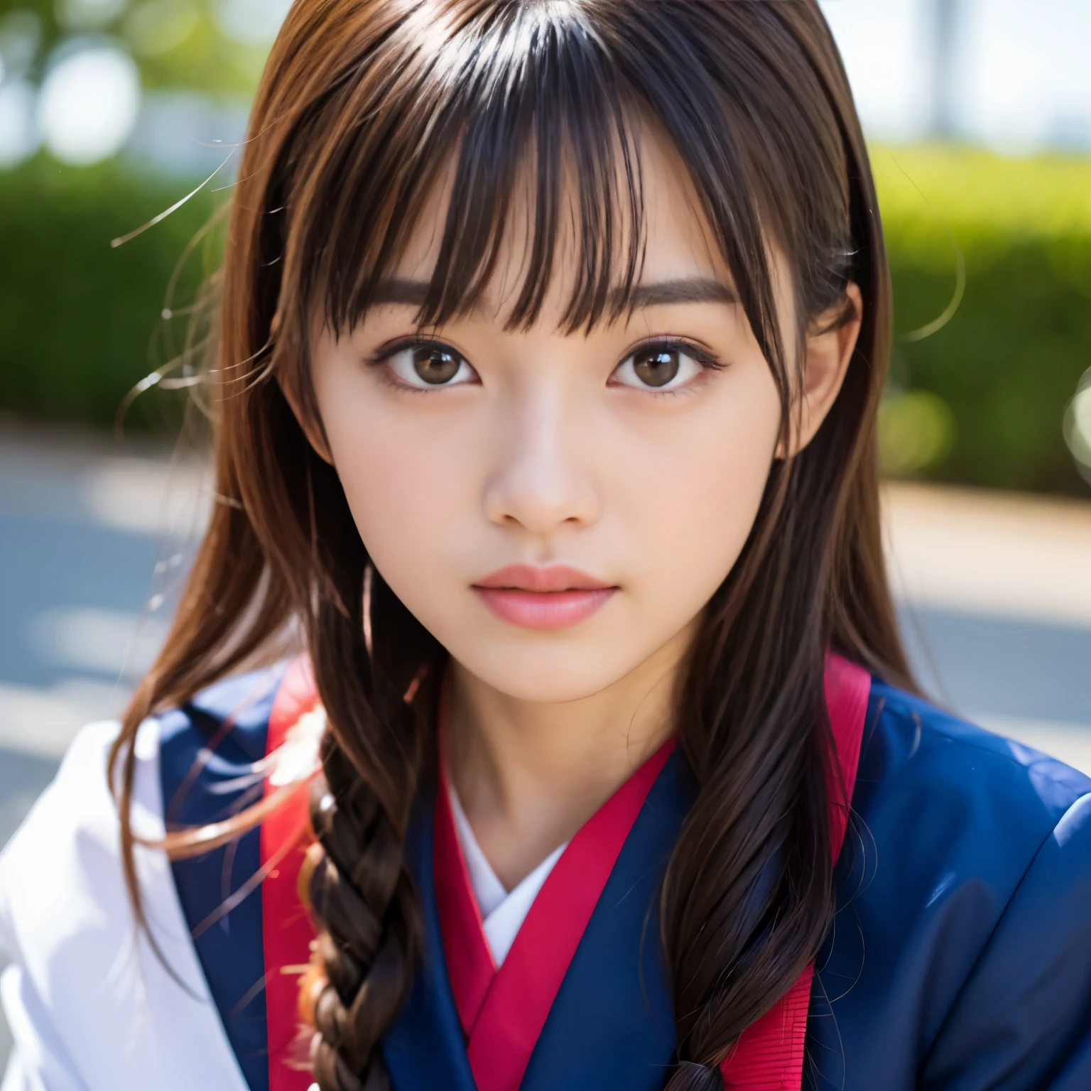 Best-quality, Masterpiece, Ultra-High-Resolution, (Photorealistic:1.4), Raw-Photo, 1girl, the most famous Japanese idol, enjoy Japanese-high-school-Graduation-ceremony, wearing Japanese-high-school-uniform, extremely cute face like the most popular Japanese idol, extremely beautiful big-eyes, extremely beautiful hair, extremely beautiful skins, extremely beautiful long-eyelashes, extremely beautiful lips, looking at viewer