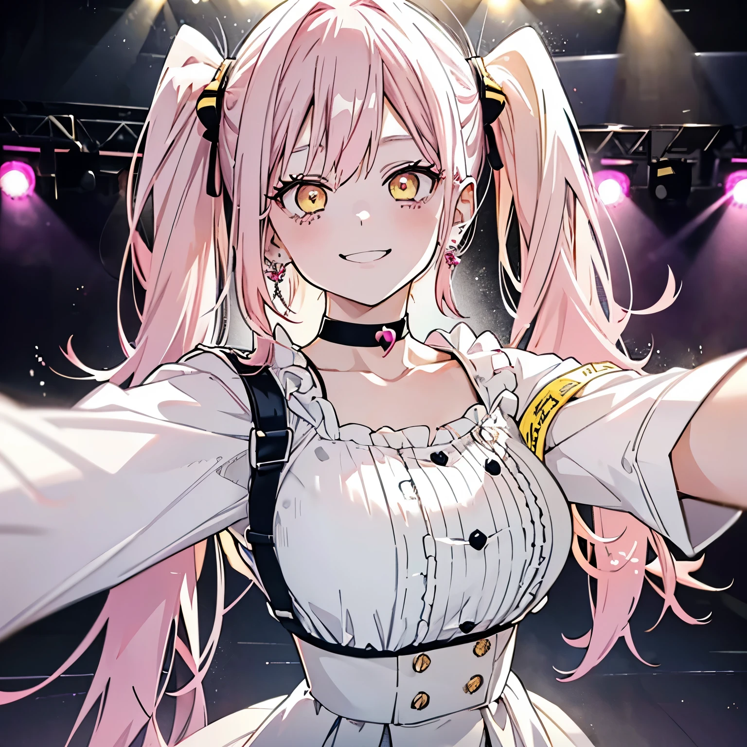 1 girl twintails hair, long hair, pink hair, yellow eyes anime, medium breasts, medium ass, Hairpins, Choker, big smile, happy face, Standin, Detailed white shirt, silver skirt, long heart-shaped earrings, ultra detailed, 8K wallpaper, realistic, taking a selfie,  On a stage, show lights, audience, full of people)