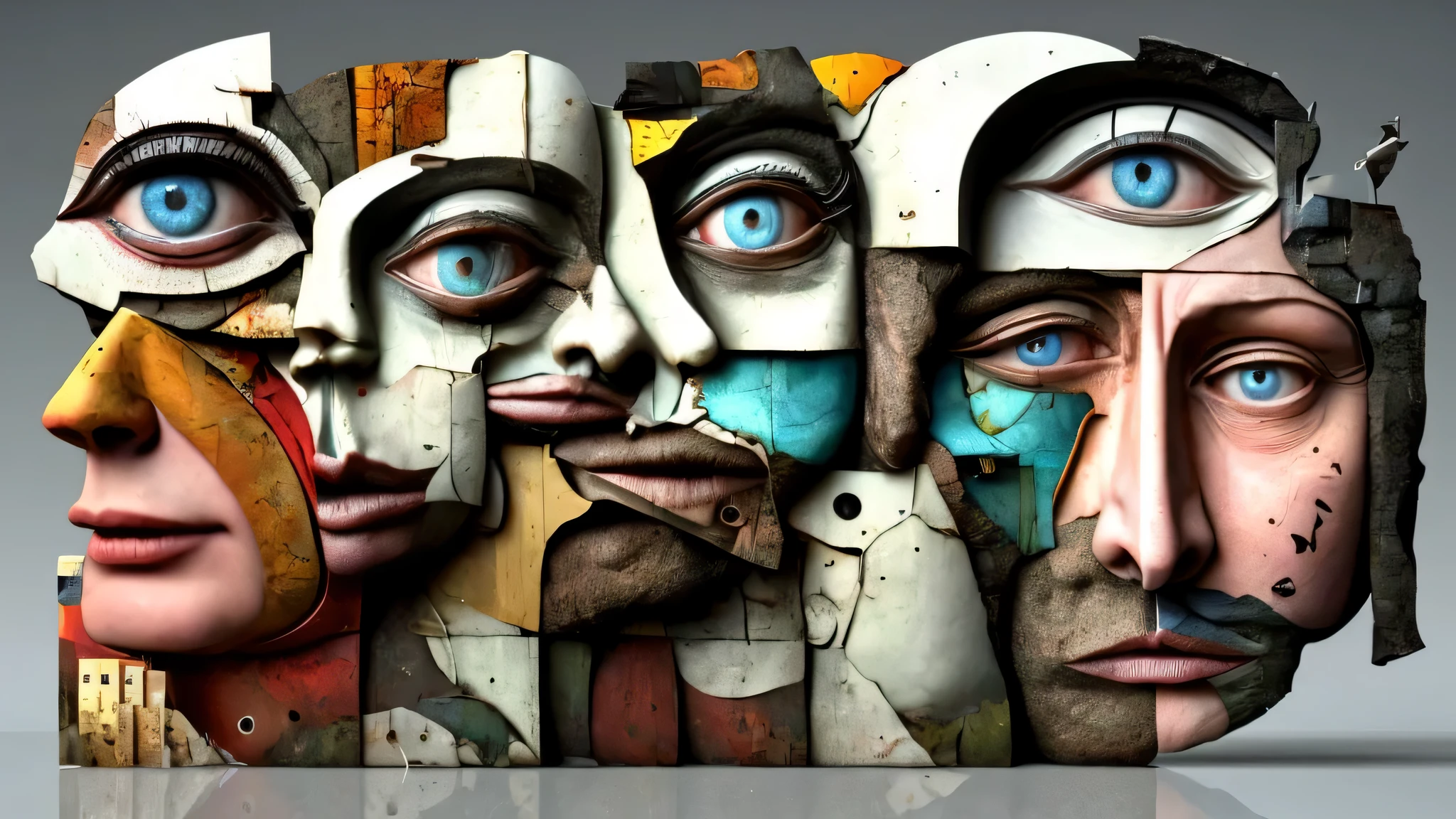 Hyper-realistic amalgam of images from faces and bodies from great modern painters with other surreal torn images glued on, minimal Dada style, Super-detailed, Studio Quality, 48k / HD, Normal Contrast, hyper Realistic Shadows, octane Rendering, Sharp Focus