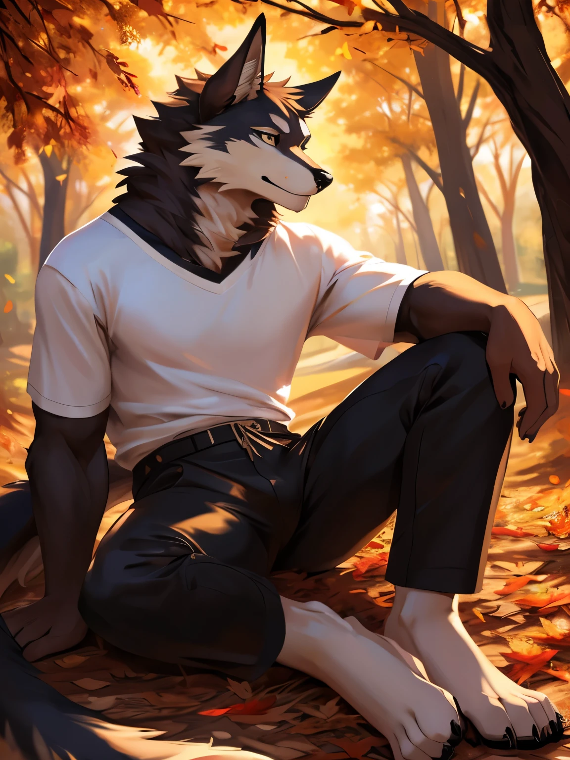 (posted on e621 by Chunie art style) furry, male, Anubis anthro, (wolf's long tail), Solo, (Realistic eye details 1.2), painting of a man sitting under a tree in the fall, wearing a white t-shirt, black shorts, autumn season, commission for high res, anthro art, fall season, detailed fanart, furry art, full art, pixiv contest winner, commission for, furry art!!!, very very beautiful furry art, furry fantasy art, autumn, commission, covered in fallen leaves, by Shingei, high quality fanart, slim body, full body like, in a panoramic view, masterpiece, Abstract beauty, ultra detailed face, depth of field, motion blur, high details, high quality, award winning, HD, 16k, (best quality,4k,8k,highres,masterpiece:1.2),ultra-detailed,realistic:1.37,HDR,UHD,studio lighting,extreme detail description,professional,vivid colors,bokeh,lively atmosphere, natural lighting