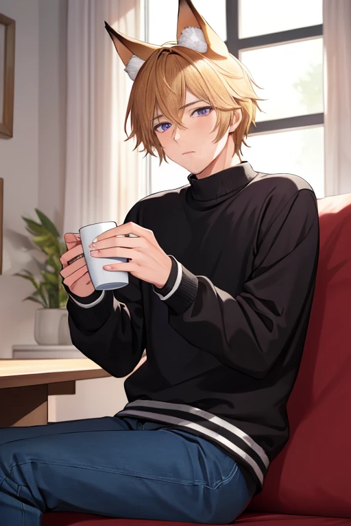 masterpiece, best quality, anime, highly detailed face, highly detailed eyes, main room background, 1 teenager man, 1 man, masculine body , male character,only male, short blonde air, purple eyes, fox ears, white fluff, black Sweater, blue jeans, sitting in couch watching to window, drinking tea.
