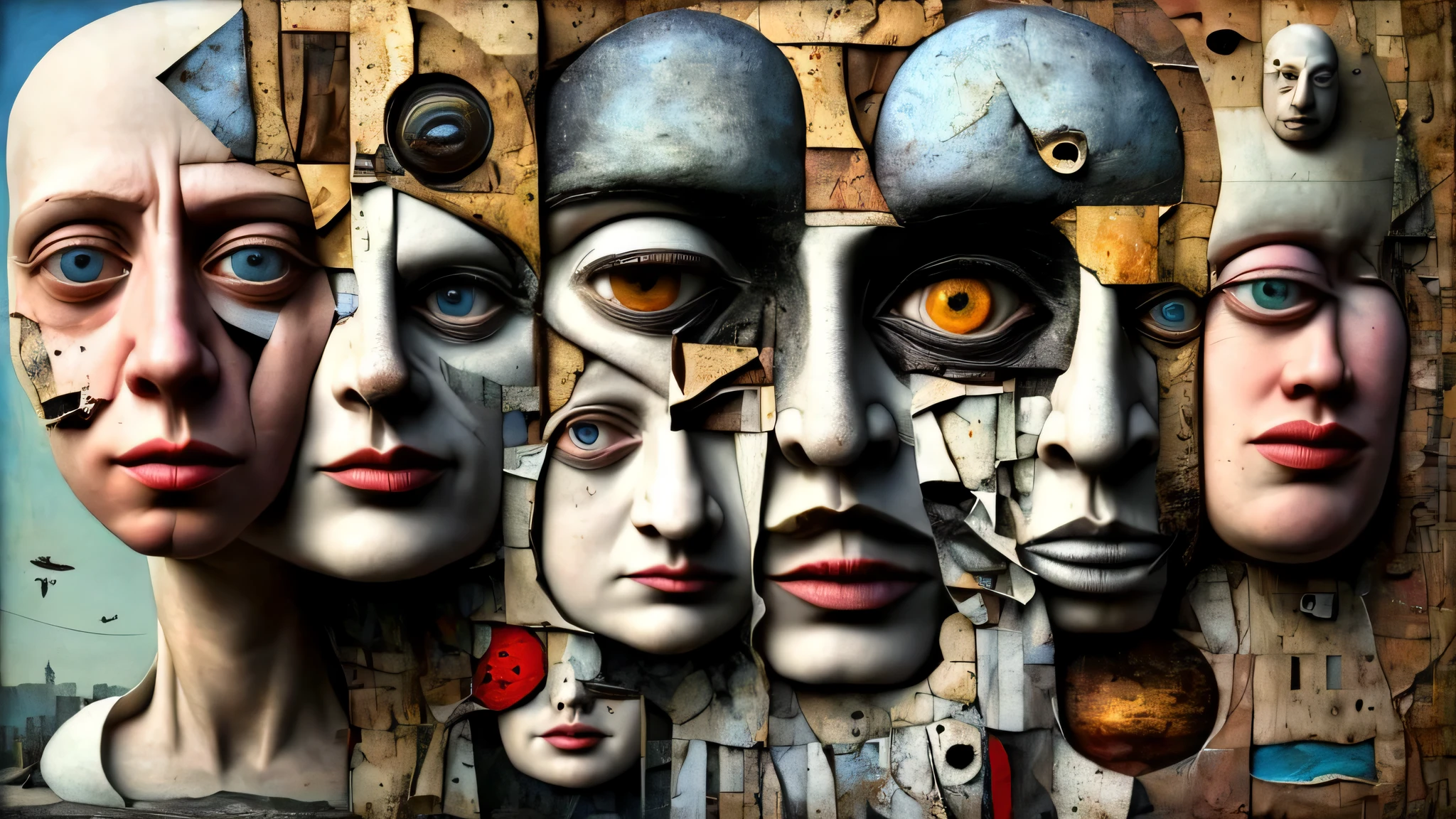 Hyper-realistic amalgam of images from faces and bodies from great modern painters with other surreal torn images glued on, minimal Dada style, Super-detailed, Studio Quality, 48k / HD, Normal Contrast, hyper Realistic Shadows, octane Rendering, Sharp Focus