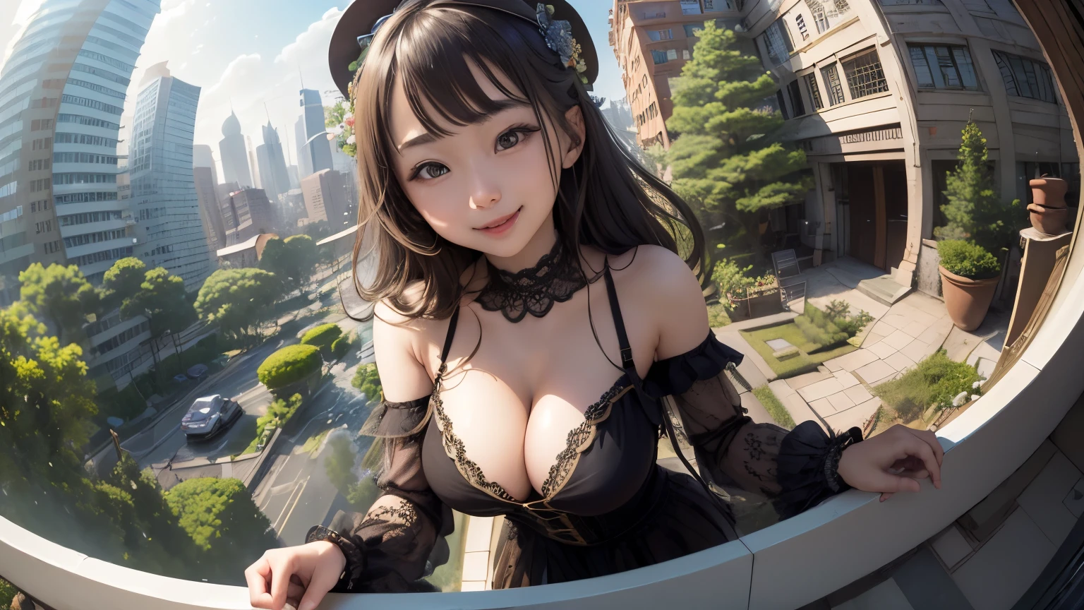 High resolution、Super detailed、(1 girl:1.3)、complex architecture、lush garden、Designing images using the fisheye effect、Capture a wide field of view with a unique curved perspective、panoramic cityscape、Creating elevation-aware rooftop views in urban environments、smile、cleavage
