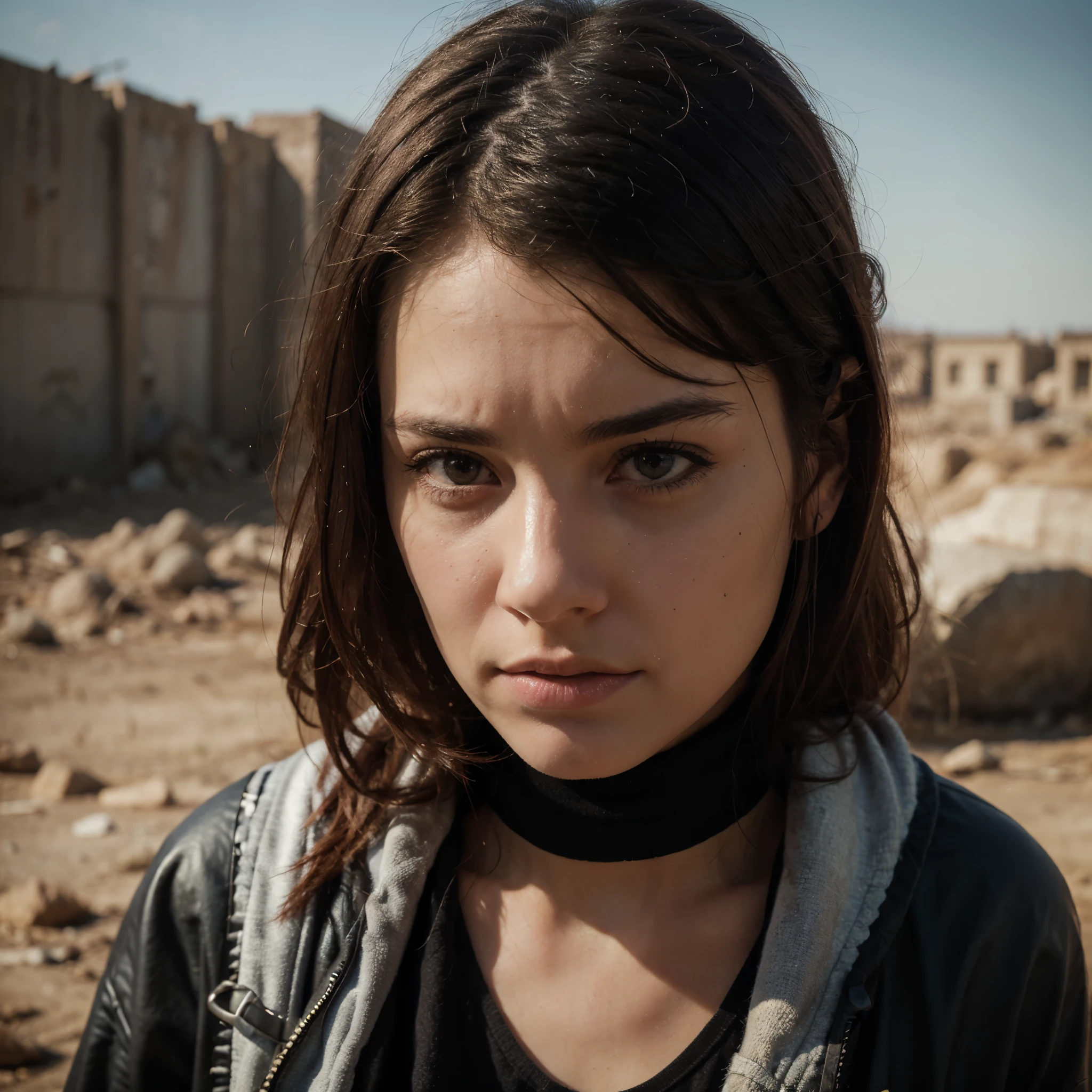 (Realistic:1.4), analog photo style, depth of field, Vivid colors, fragile, vulnerable, female reaper, sad, worried expression, looking away, professional photoset in post-apocalyptic style, insanely detailed, intricate wasteland landscape background, (((masterpiece))), top quality, 8K, ultra high resolution, high contrast, low saturation