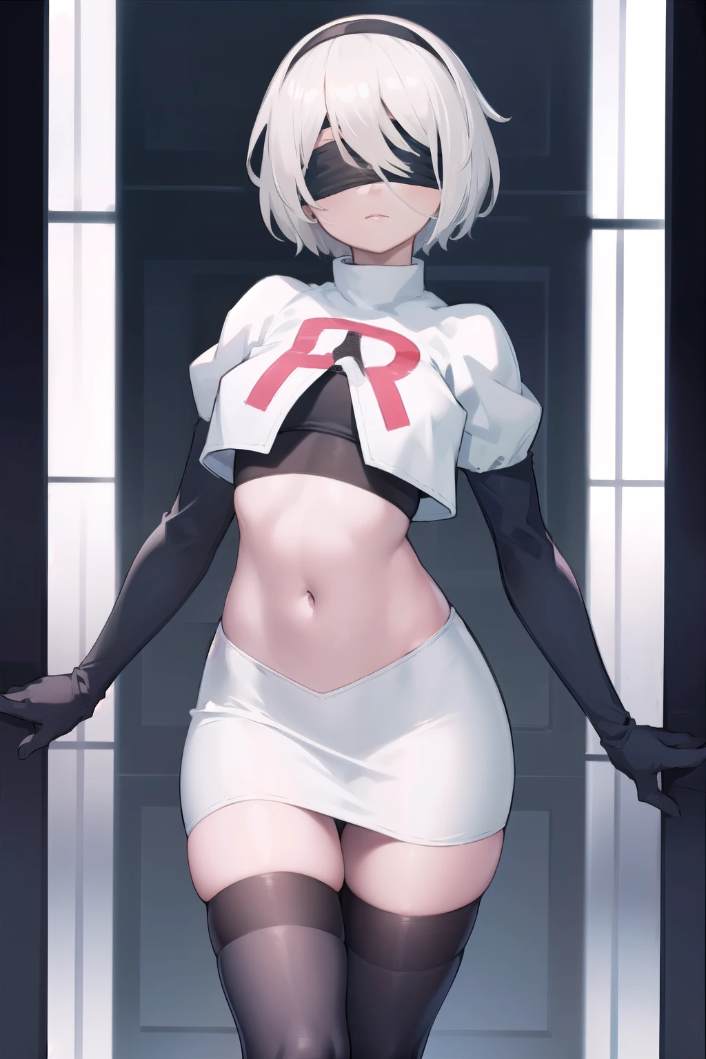 2b, 2b, (black blindfold:1.5), black hairband, blindfold, hairband, short hair, white hair,
BREAK hairband, robot, team rocket,team rocket uniform, red letter R, white skirt,white crop top,black thigh-highs,black elbow gloves,
BREAK looking at viewer,
BREAK (masterpiece:1.2), best quality, high resolution, unity 8k wallpaper, (illustration:0.8), (beautiful detailed eyes:1.6), extremely detailed face, perfect lighting, extremely detailed CG, (perfect hands, perfect anatomy),