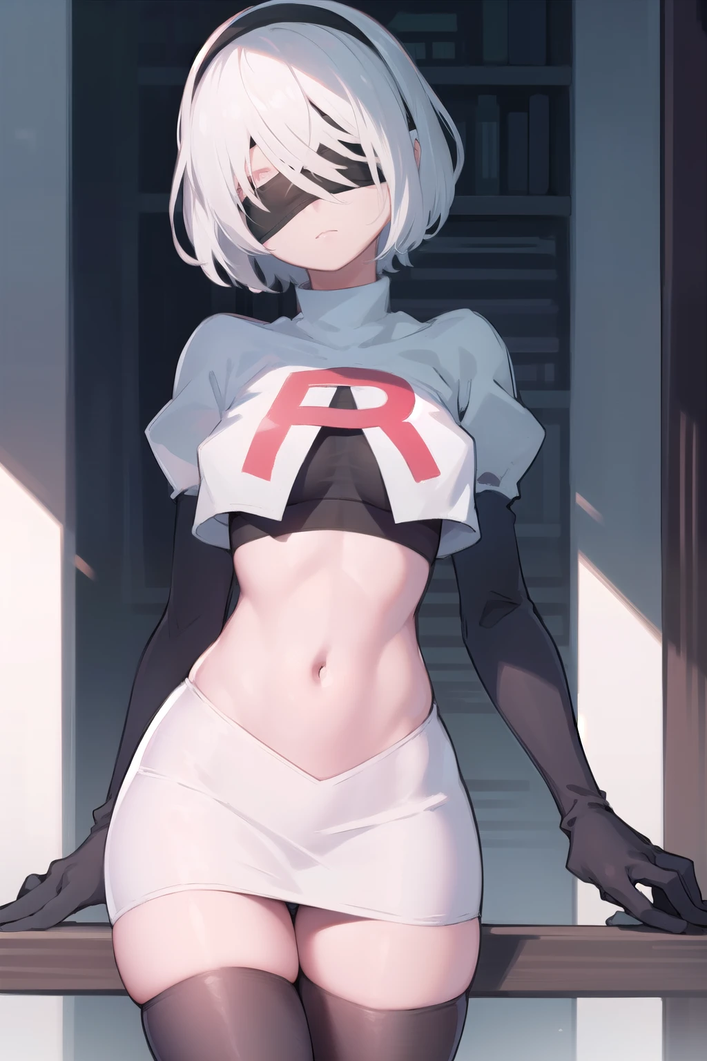 2b, 2b, (black blindfold:1.5), black hairband, blindfold, hairband, short hair, white hair,
BREAK hairband, robot, team rocket,team rocket uniform, red letter R, white skirt,white crop top,black thigh-highs,black elbow gloves,
BREAK looking at viewer,
BREAK (masterpiece:1.2), best quality, high resolution, unity 8k wallpaper, (illustration:0.8), (beautiful detailed eyes:1.6), extremely detailed face, perfect lighting, extremely detailed CG, (perfect hands, perfect anatomy),