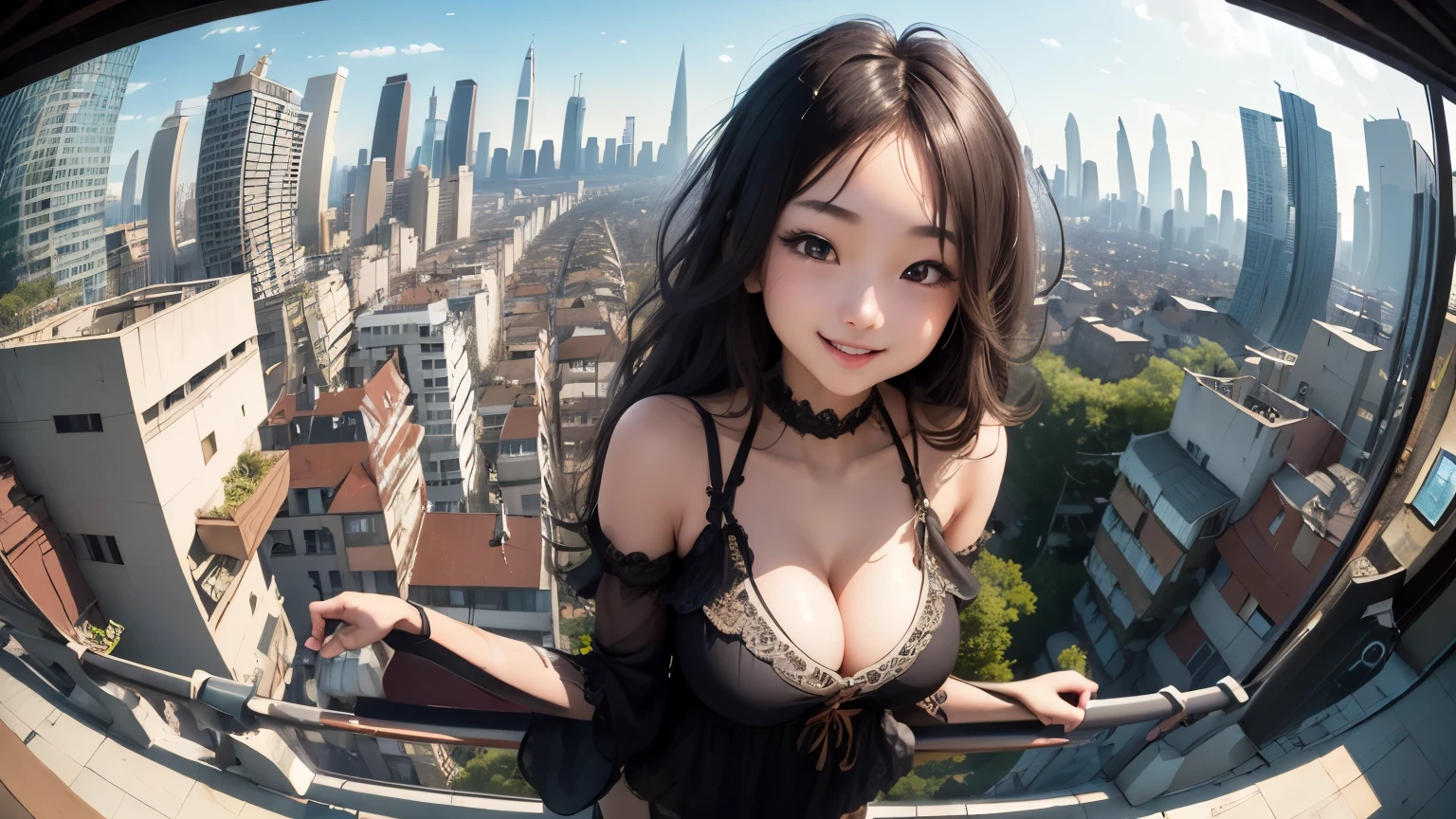 High resolution、Super detailed、(1 girl:1.3)、complex architecture、lush garden、Designing images using the fisheye effect、Capture a wide field of view with a unique curved perspective、panoramic cityscape、Creating elevation-aware rooftop views in urban environments、smile、cleavage