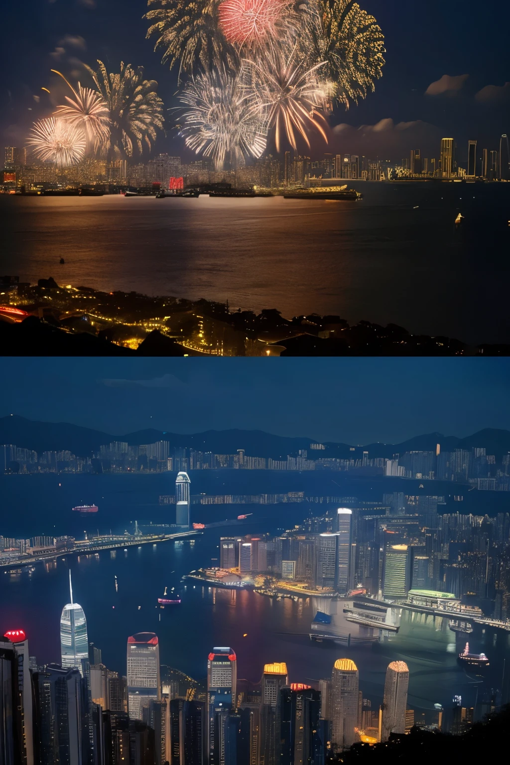 ((live-action))Fireworks over the city at night by boat or ship, beautiful cityscape, 4k highly detailed photograph, city like hong kong,beautiful, beautiful future city, Ross Tran. scenic background, 8K resolution digital, 8K resolution digitalフォト, photograph