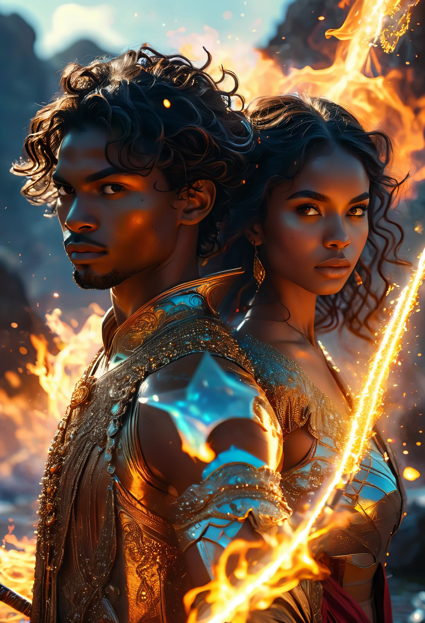 In a celestial dreamy landscape, four people dressed luxuous, differents faces, very beautiful, they are all darkskin african, (((young, in 20's))) (((two brown skin men and two brown skin woman))), (((two young brown skin long dark hair duke:1.3))), (((one brown skin dark hair woman))) and (((one brown hair woman1.3))), (they are two différent and separate couple1.2). (Two couple of four people:1.2). The first couple is a brown skin duke long dark curly hair with a dark short hair woman. The second couple is a brown skin duke curly dark hair with a short brown hair woman, (((dark hair brown skin woman and brownskin:1.5))) trying to kill him with luminous swords, dangerous scene, war, battle, luminous lance, chaos, fire and fury, 8K, extremely detailed, high quality, (photorealistic:1.37), Full body, vibrant colors, perfect lighting, soulful expressions, celestial aura, majestic presence, dreamlike atmosphere, 8 k artistic photography, photorealistic concept art, soft natural volumetric cinematic perfect
