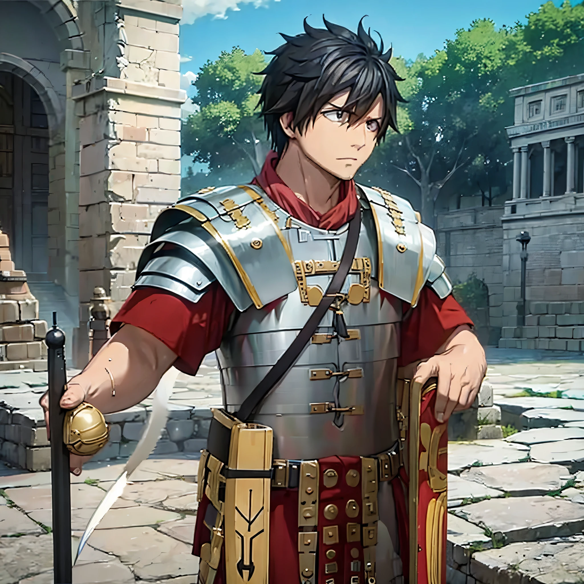 A man wearing Segmented armor, outside a Roman coliseum
