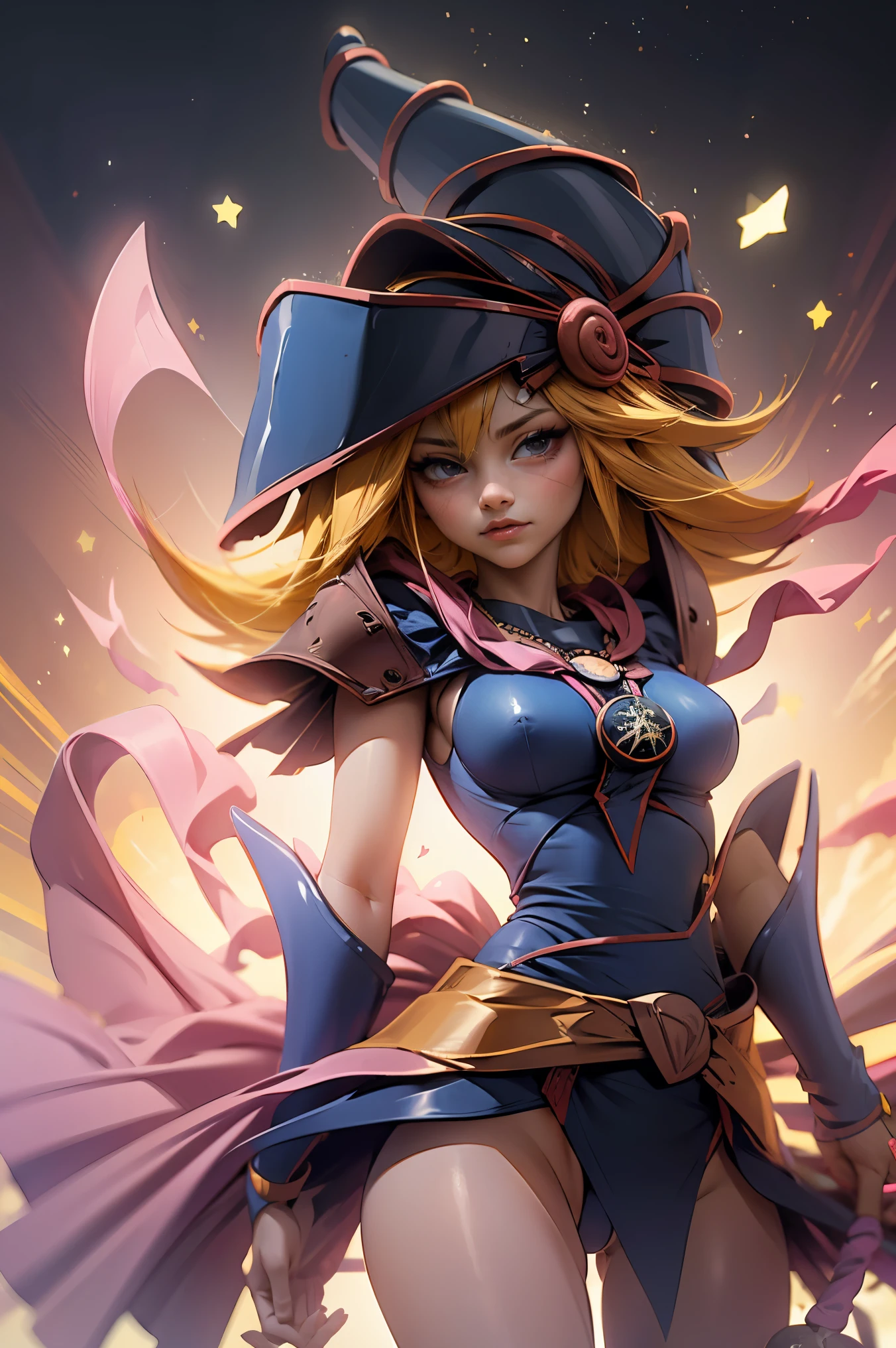 (Obra maestra:1.2), (La mejor calidad:1.2), perfect lighting, Chica Maga Oscura lanzando un hechizo, flotando en el aire, tetas grandes, escote, fondo de magia. Corazones transparente en el hambiente, bata azul, sombrero grande, desde arriba, Destellos, Yugioh Card en el fondo