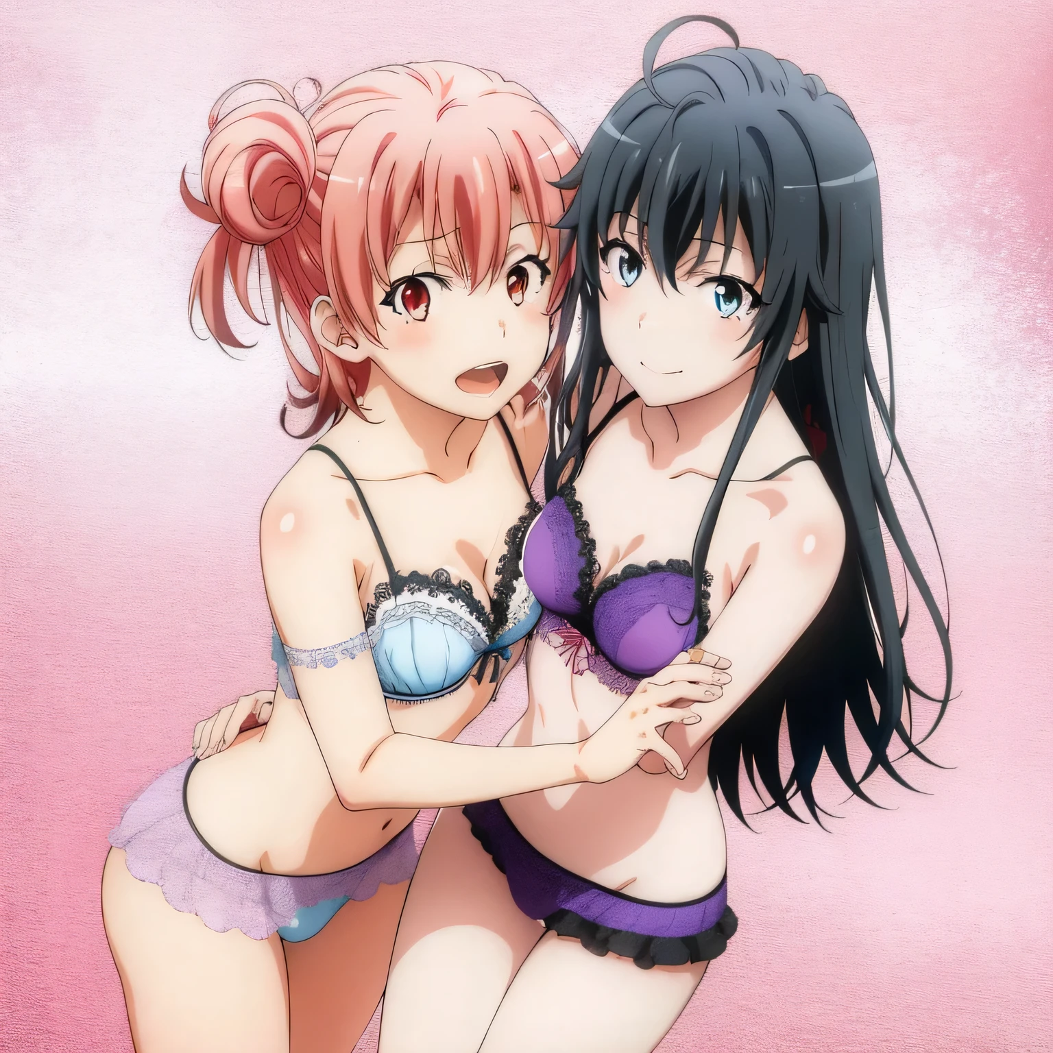 2 girls , Yukinoshita Yukino , yuigahama yui , waltz dance , In underwear,whole body,high angle,