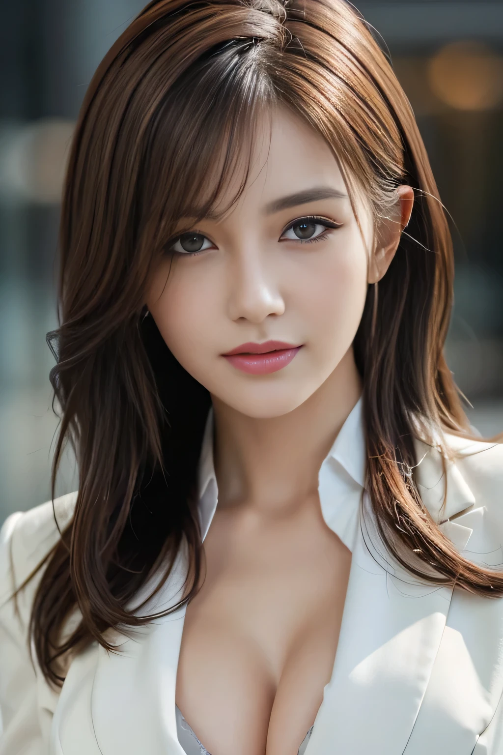 table top, highest quality, realistic, Super detailed, finely, High resolution, 8k wallpaper, 1 beautiful woman,, light brown messy hair, wearing a business suit, sharp focus, perfect dynamic composition, beautiful and detailed eyes, thin hair, Detailed realistic skin texture, smile, close-up portrait, model body shape